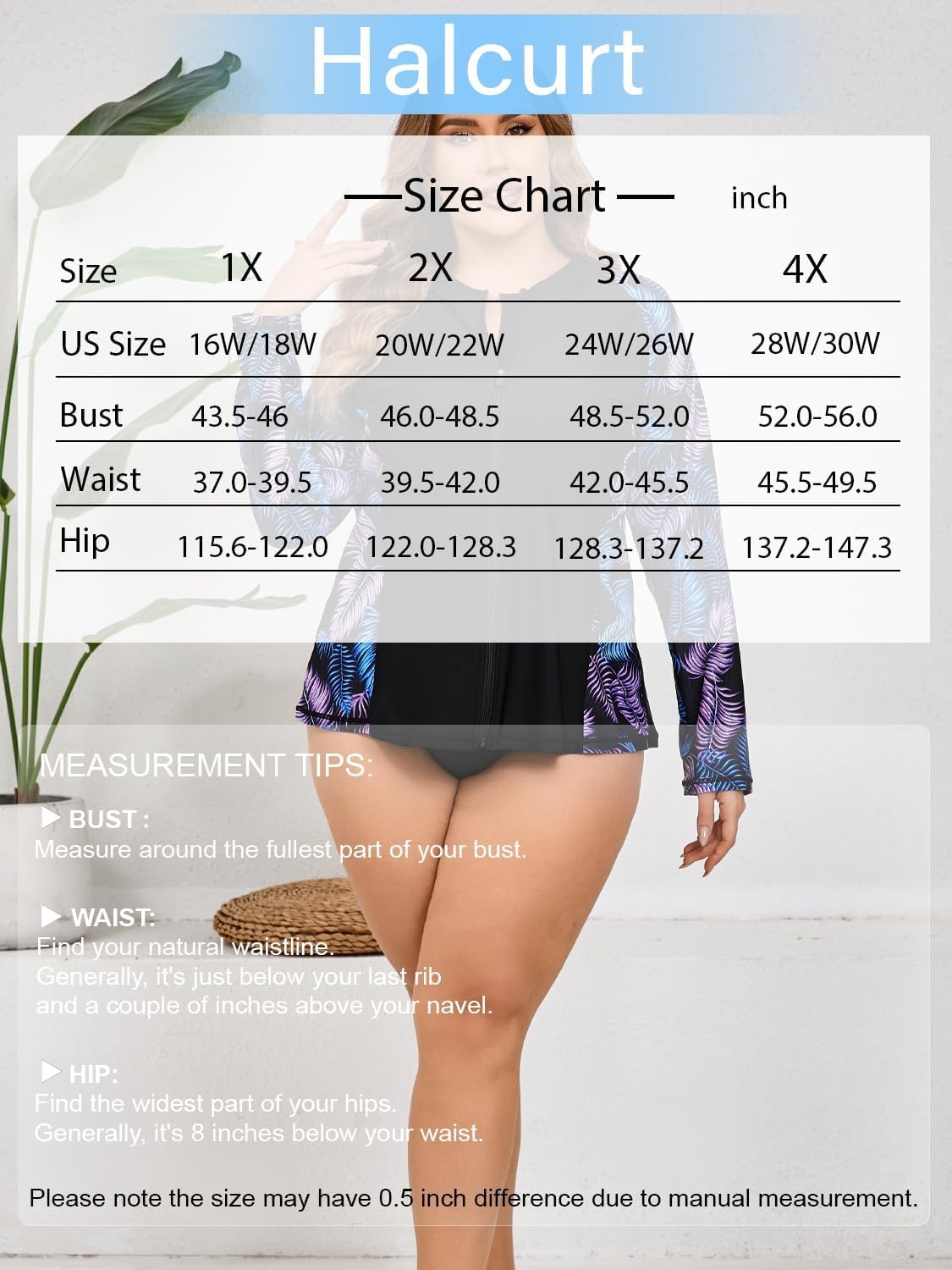 Halcurt Women's Plus Size Rash Guard Long Sleeve Swim Shirts Full Zip Swimsuit Top UPF50+ Loose Fit Bathing Suit - Image 6