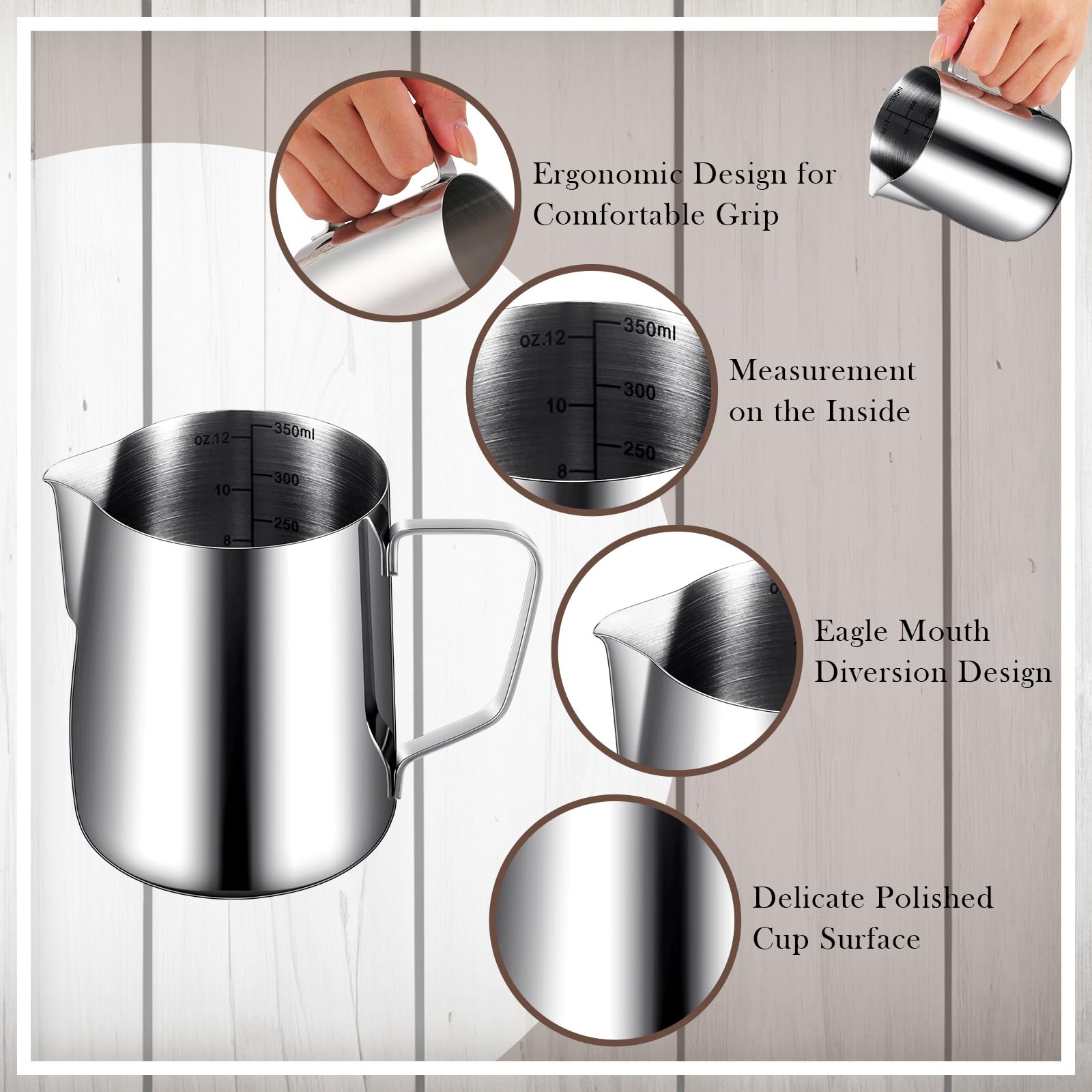 Dandat Jarra espumadora de leche de acero inoxidable de 12 onzas, jarra espumadora de leche de acero inoxidable de 12 onzas, taza espumadora de leche, taza de vaporizador para espresso, arte con