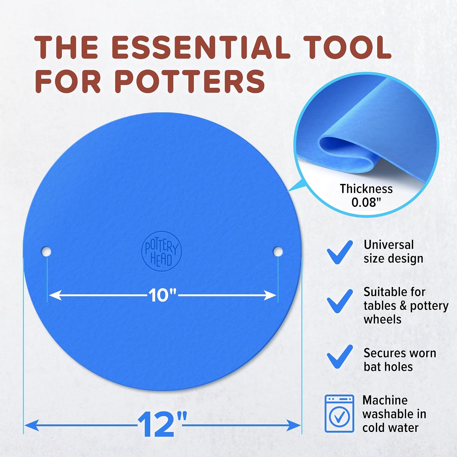 Pottery Head Bat Mate - 12" Universal Pad for Pottery Bats for Better Stability - Anti-Slip Mat with Pin Holes for Pottery Wheel Bats - Ceramic & Pottery Tools for Trimming - Clay Sculpting Tools
