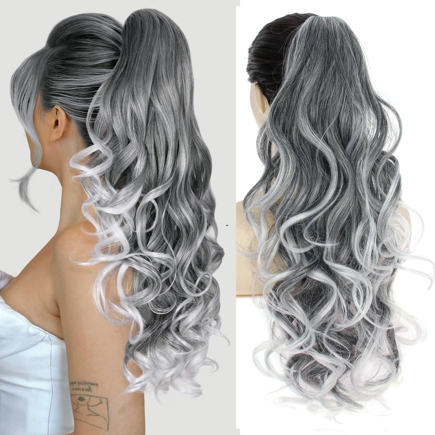 PORSMEER Ponytail Hair Extension Claw Clip in Ponytail Extensions Long Curly Wavy Ponytail Hair Extension Jaw Clip on Pony Tails Hairpiece for Women 26 inches (Grey with White Hightlights)
