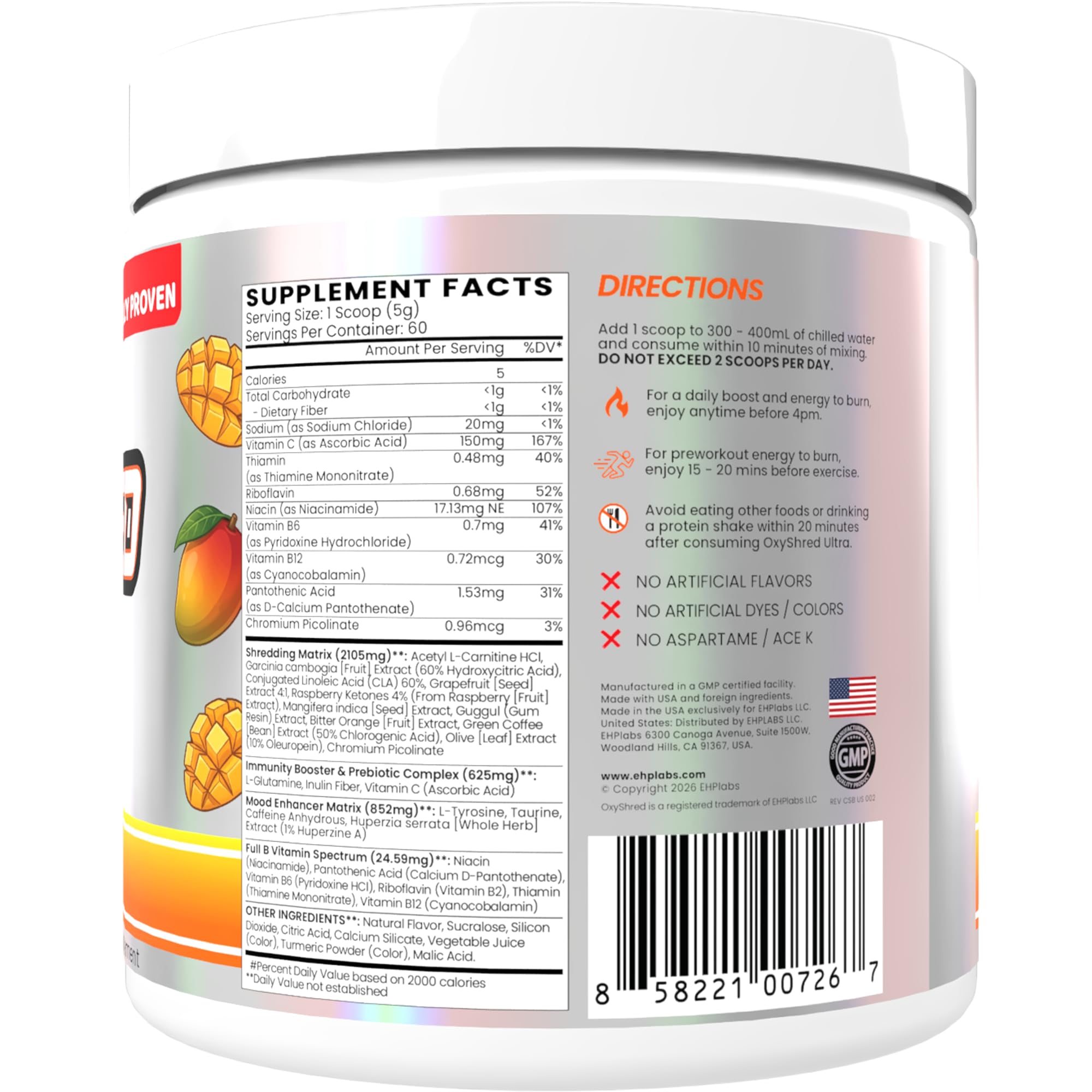EHP Labs OxyShred Pre Workout Powder - Preworkout Powder with L Glutamine & Acetyl L Carnitine, Energy Boost Drink - Mango, 60 Servings — Amazon image 8