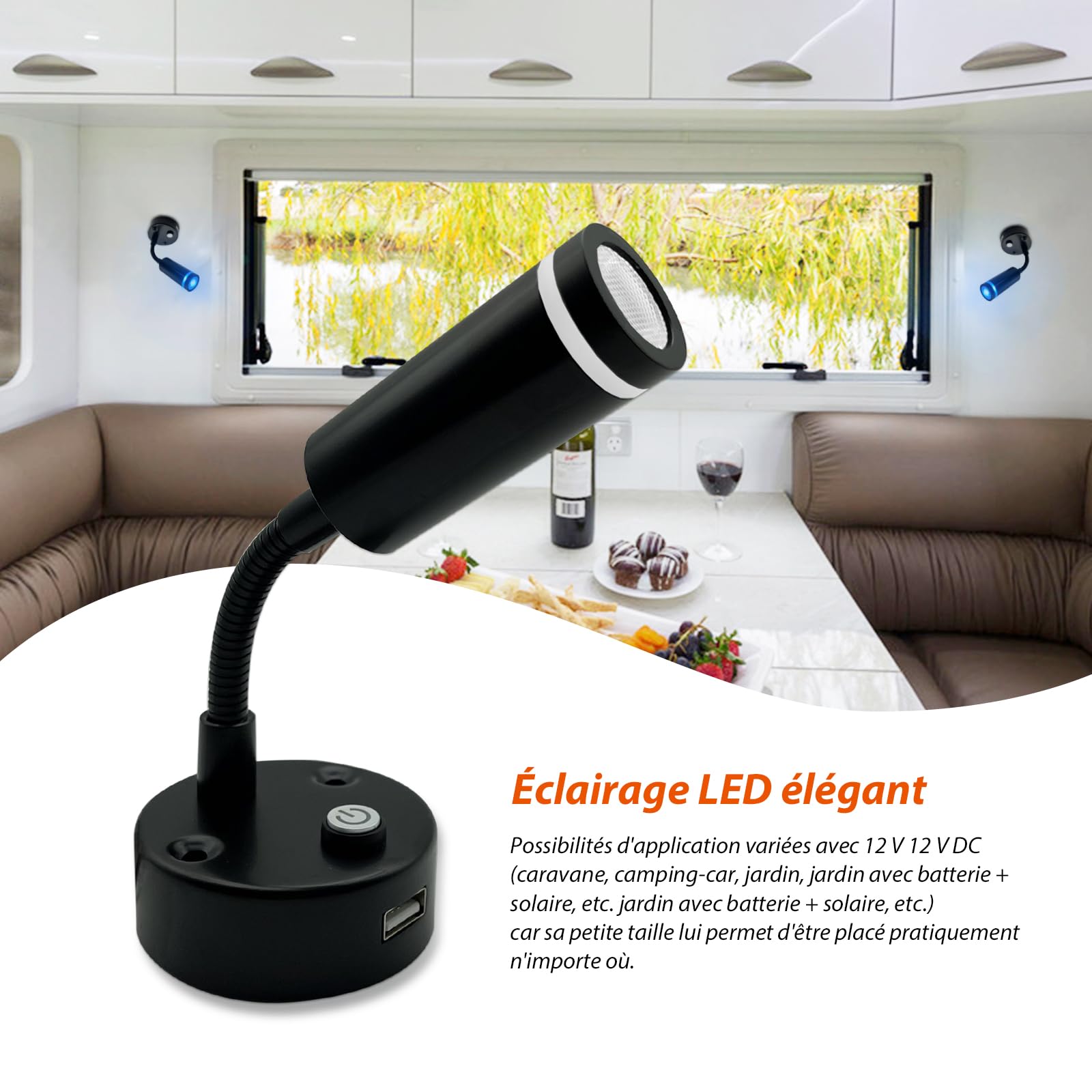 Dream Lighting Liseuse LED 12v avec USB, Applique LED Bicolore 2W Blanc Chaud Dimmable 3000K et Bleu, Spot 12V LED pour Camping Car Bateau Caravane Lot de 2