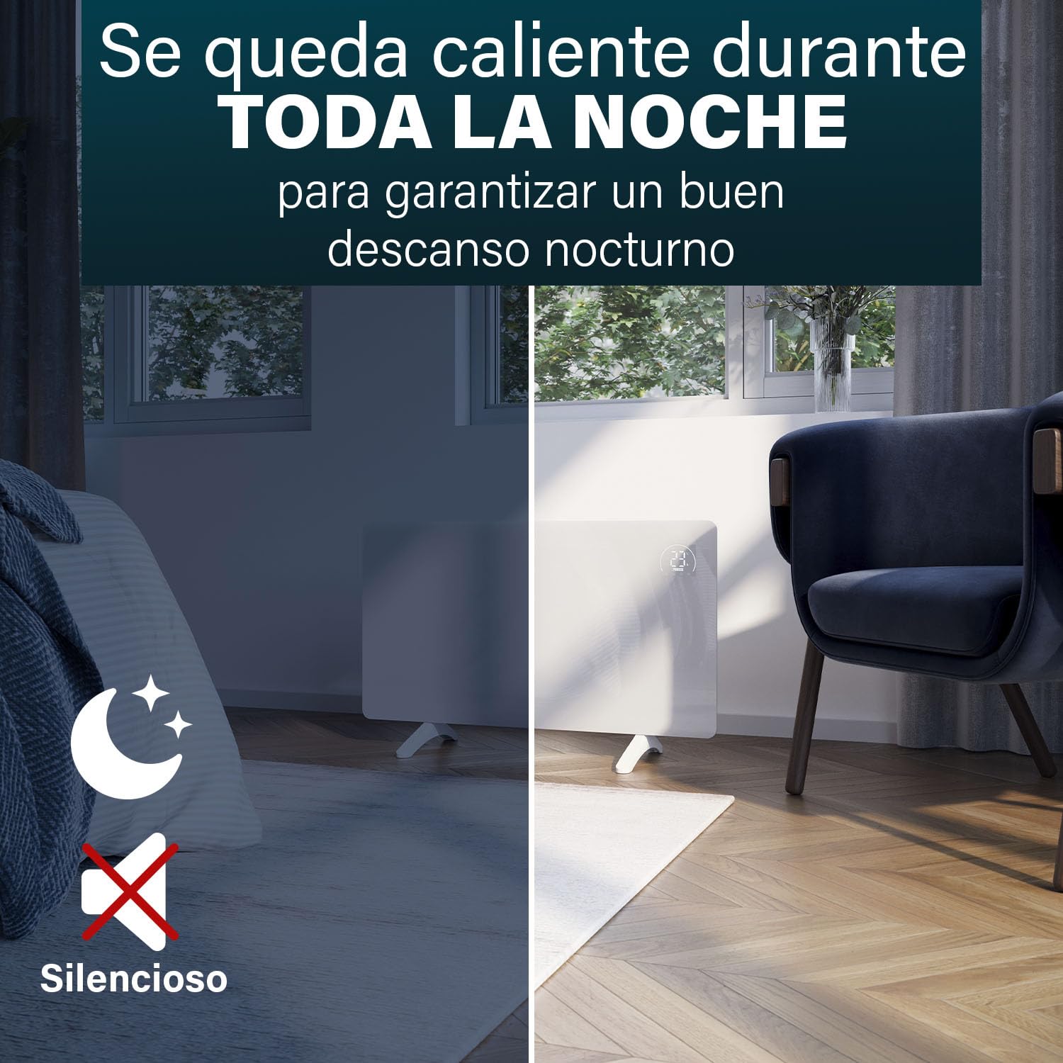 Princess Calefactor de infrarrojos inteligente - Cristal de carbono - 480 W - Termostato regulable hasta los 50 °C - Temporizador 24 h - Programación semanal - Blanco o Negro (Blanco)