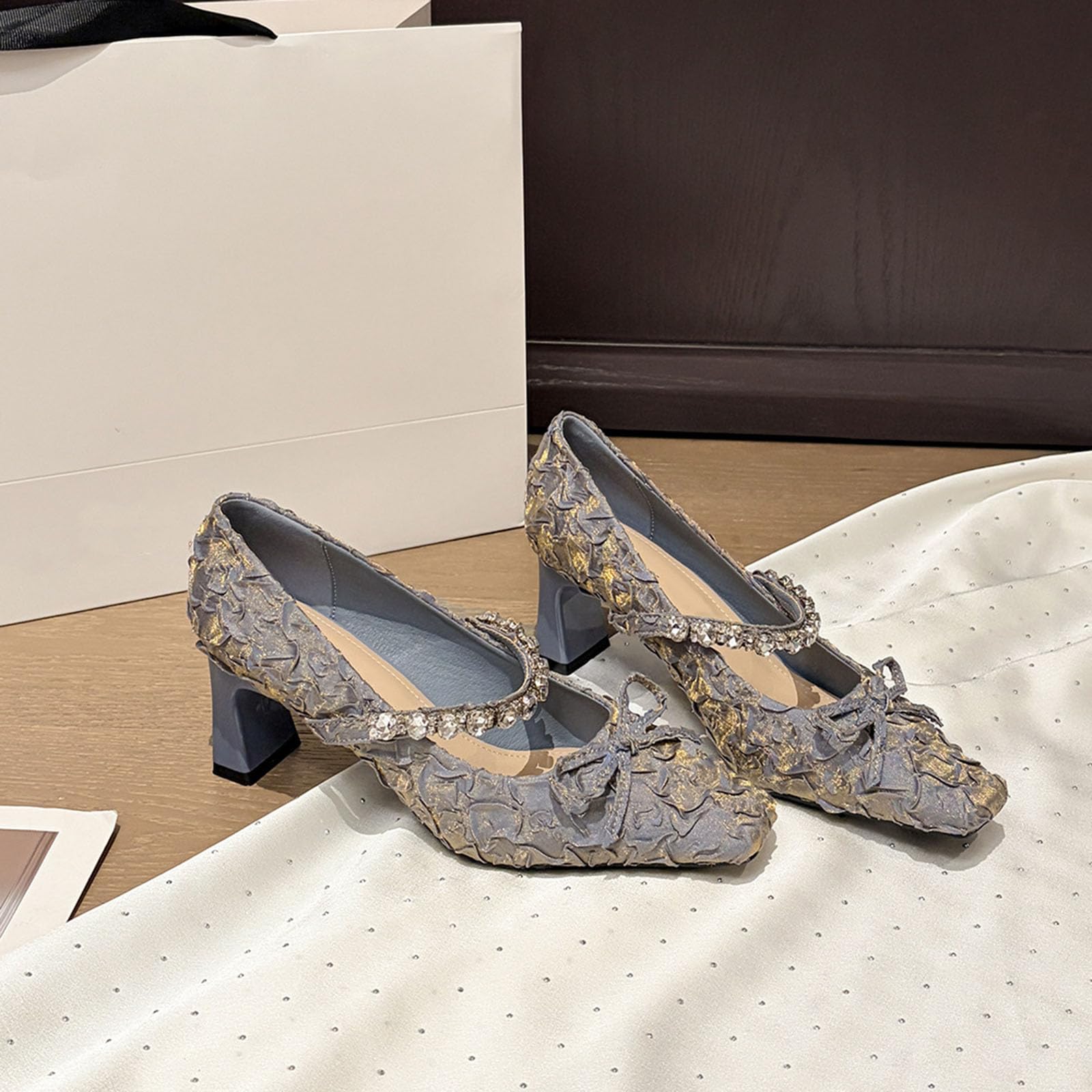 Zapatos de tacón Alto de Mujer Pliegues Strass Lazo Correas 6CM Elegantes