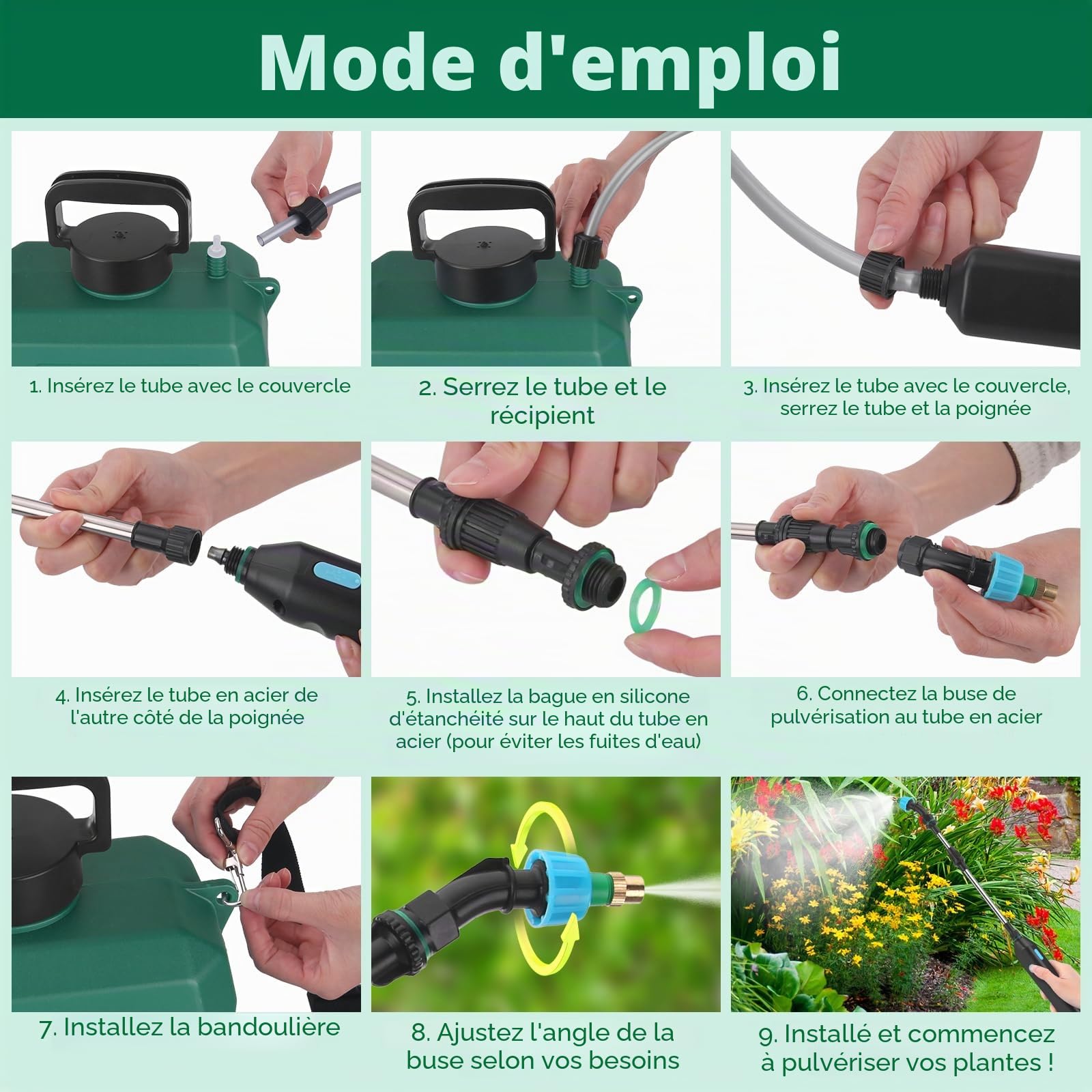 BlumWay Pulvérisateur électrique, 3 buses de brume, poignée rechargeable, manche rétractable, bandoulière réglable pour jardin et pelouse, Vert