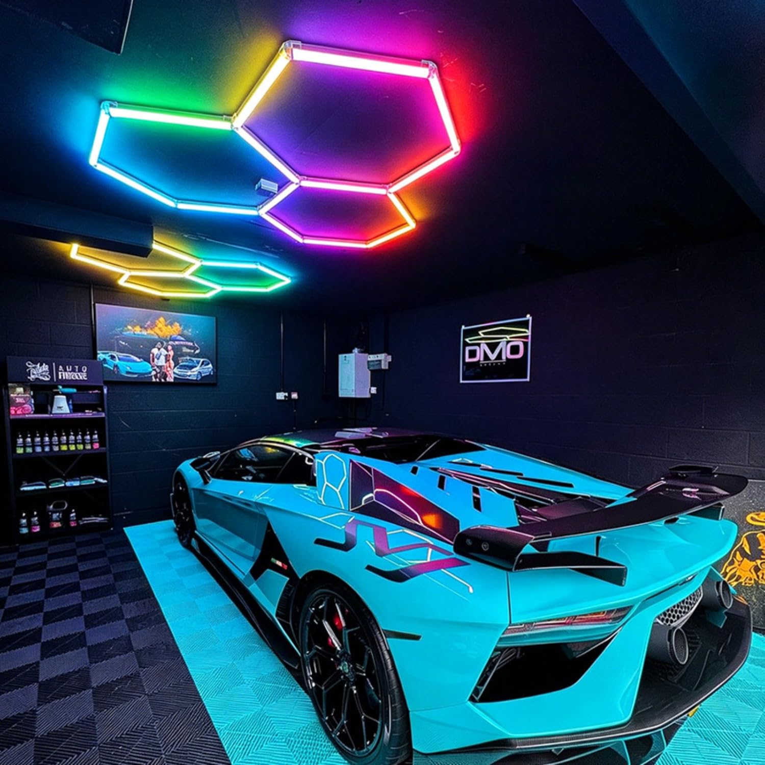 Sześciokątne światła garażowe LED RGB, panele oświetleniowe o strukturze plastra miodu 24 V, wodoodporne, zmieniające kolor RGB, system siatki LED do warsztatów samochodowych, wnęk na szczegóły