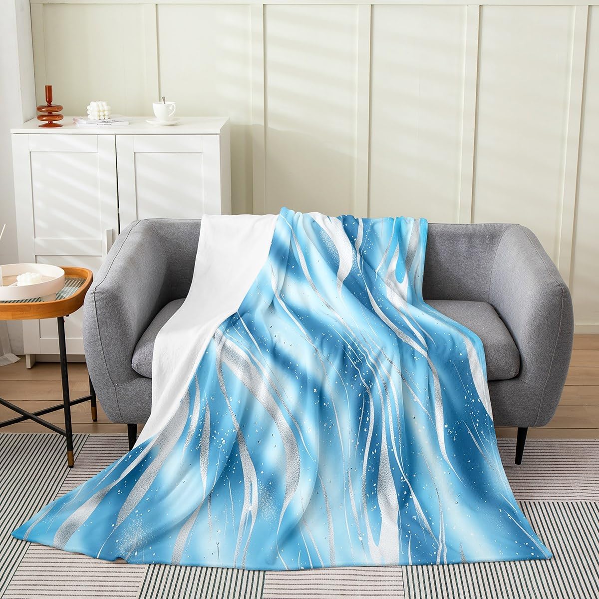 Castle Fairy Blue White Stripes Throw Blanket Watercolor Tie Dye Lines Simple Style Fleece Blanket for Kids Teens Adults Glitter Silver Graffiti Modern Flannel Blanket for Chairs Office Twin 60x80