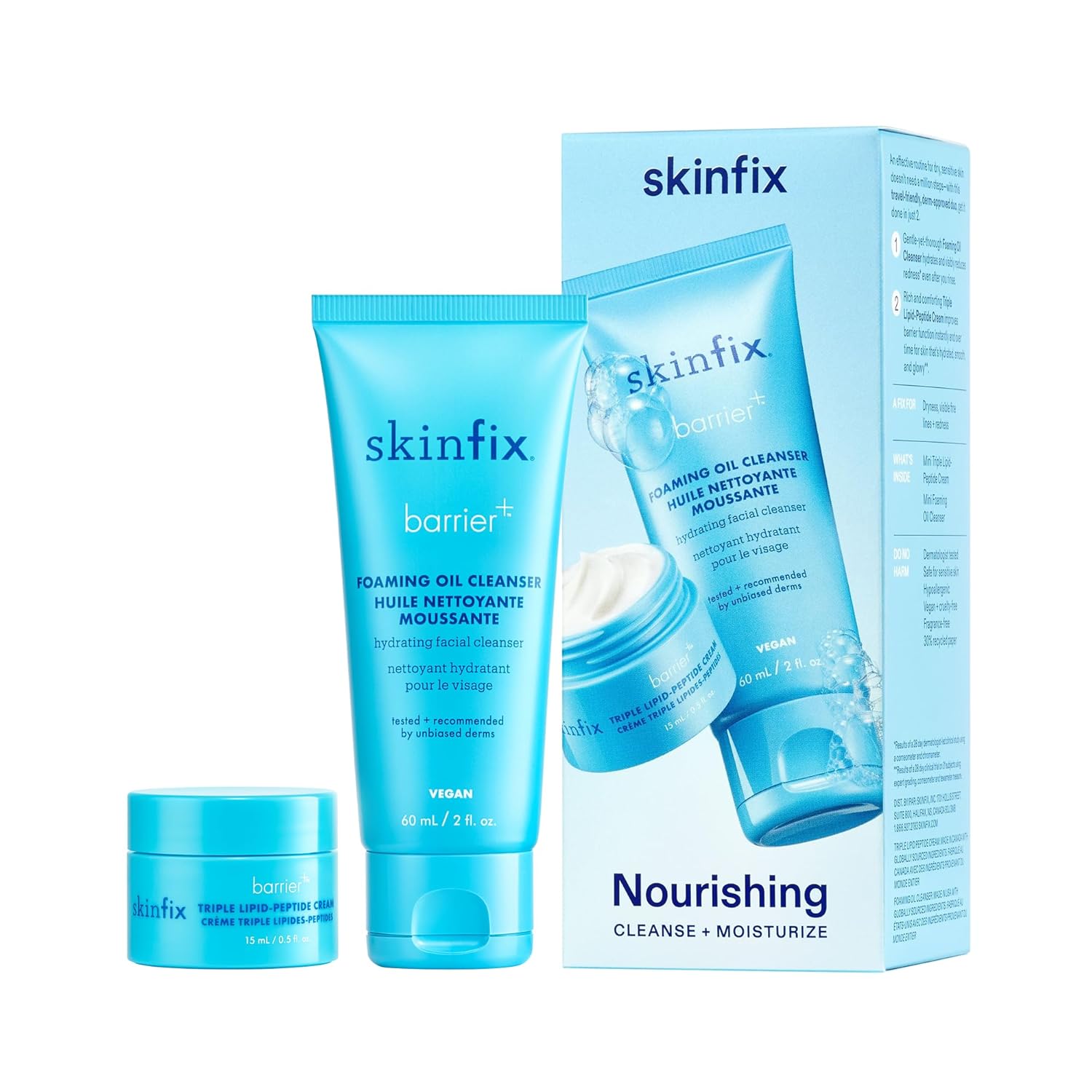 Skinfix Nourishing Cleanse + Moisturize Set with Hyaluronic Acid - Includes Mini Foaming Oil Cleanser (2 fl oz) & Mini Triple Lipid-Peptide Cream (0.5 fl oz) - Vegan, Cruelty Free