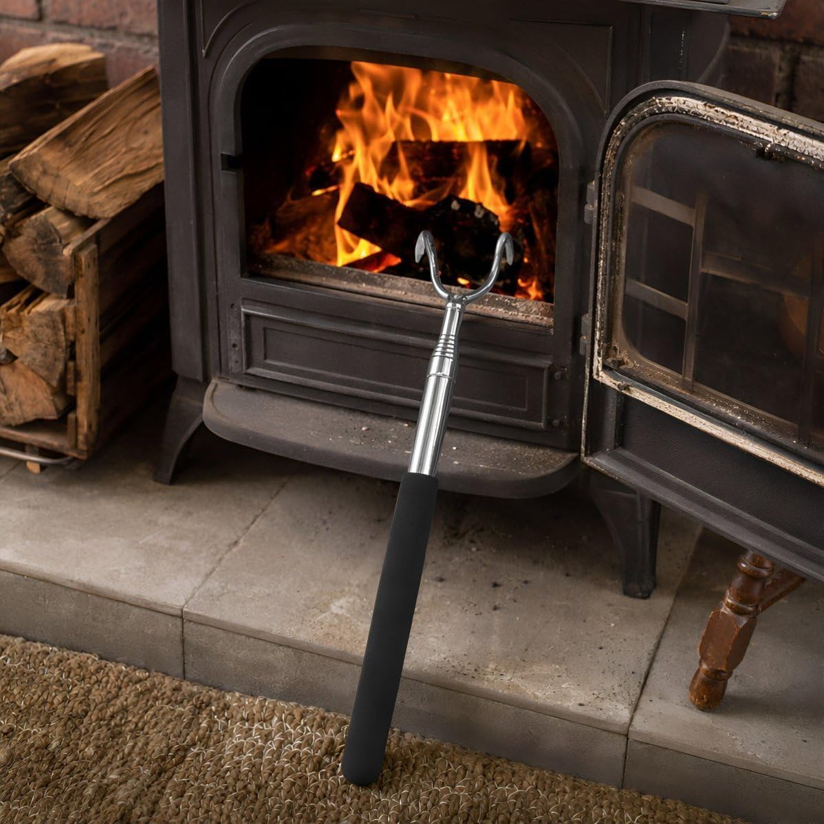 Telescoping Stainless Steel Fireplace Poker with 2 Prong Hook