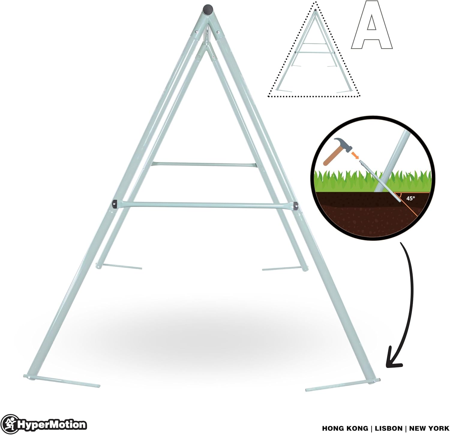Diagram showing A-frame structure and ground anchoring method