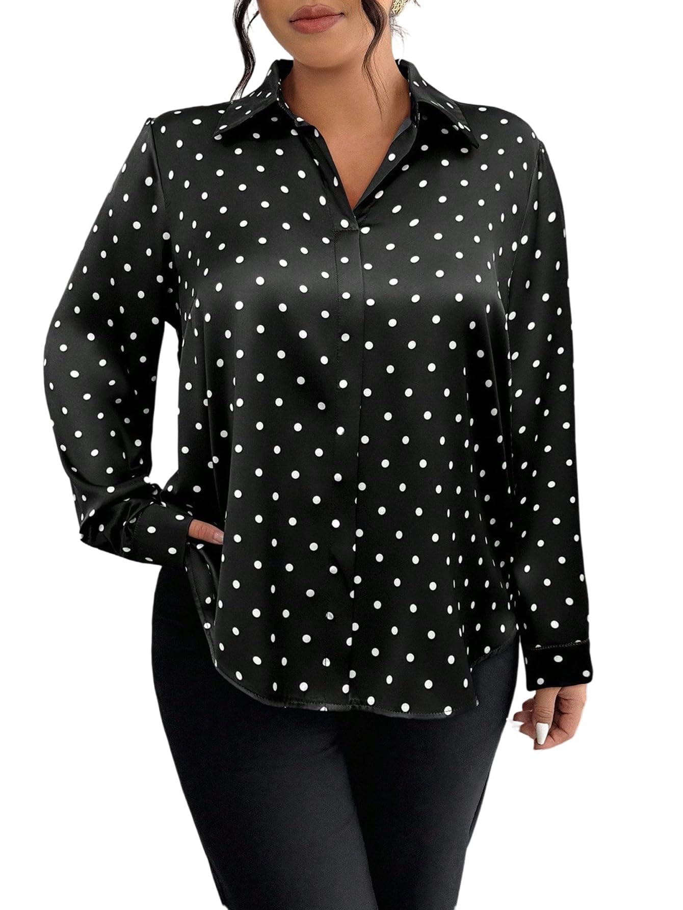 GORGLITTER Chemisier en satin pour femme - Grandes tailles - Chemise avec motif à pois - Col de chemise - Chemisier à manches longues