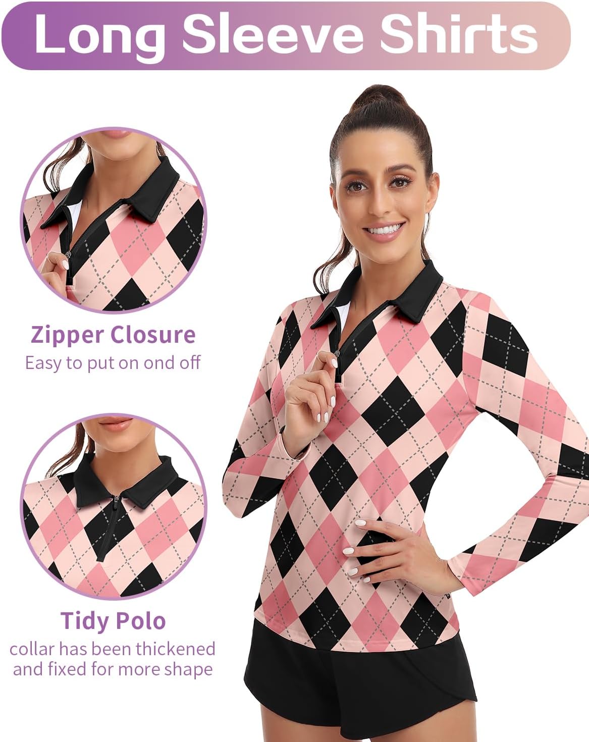 Soneven Women's Long Sleeve Golf Polo Shirts Moisture Wicking Quick Dry Half-Zip Pullover Athletic Workout Striped Tops