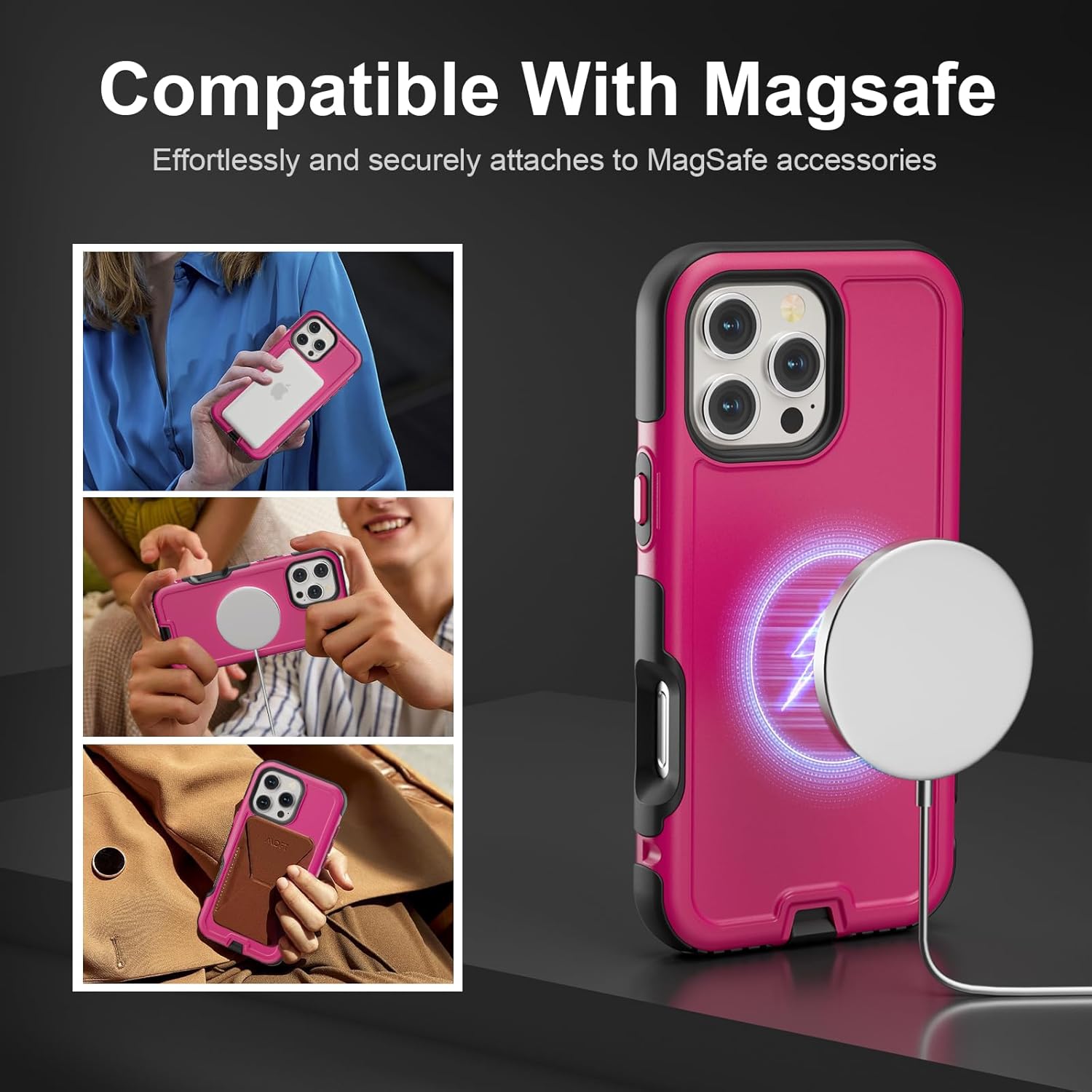 for iPhone 16 Pro Case, Compatible with MagSafe, Heavy Duty Shockproof Protective Phone Case, Anti-Drop Protection, Dual Layer Magnetic Phone Cover for iPhone 16 Pro, 6.3", Hot Pink - Image 3