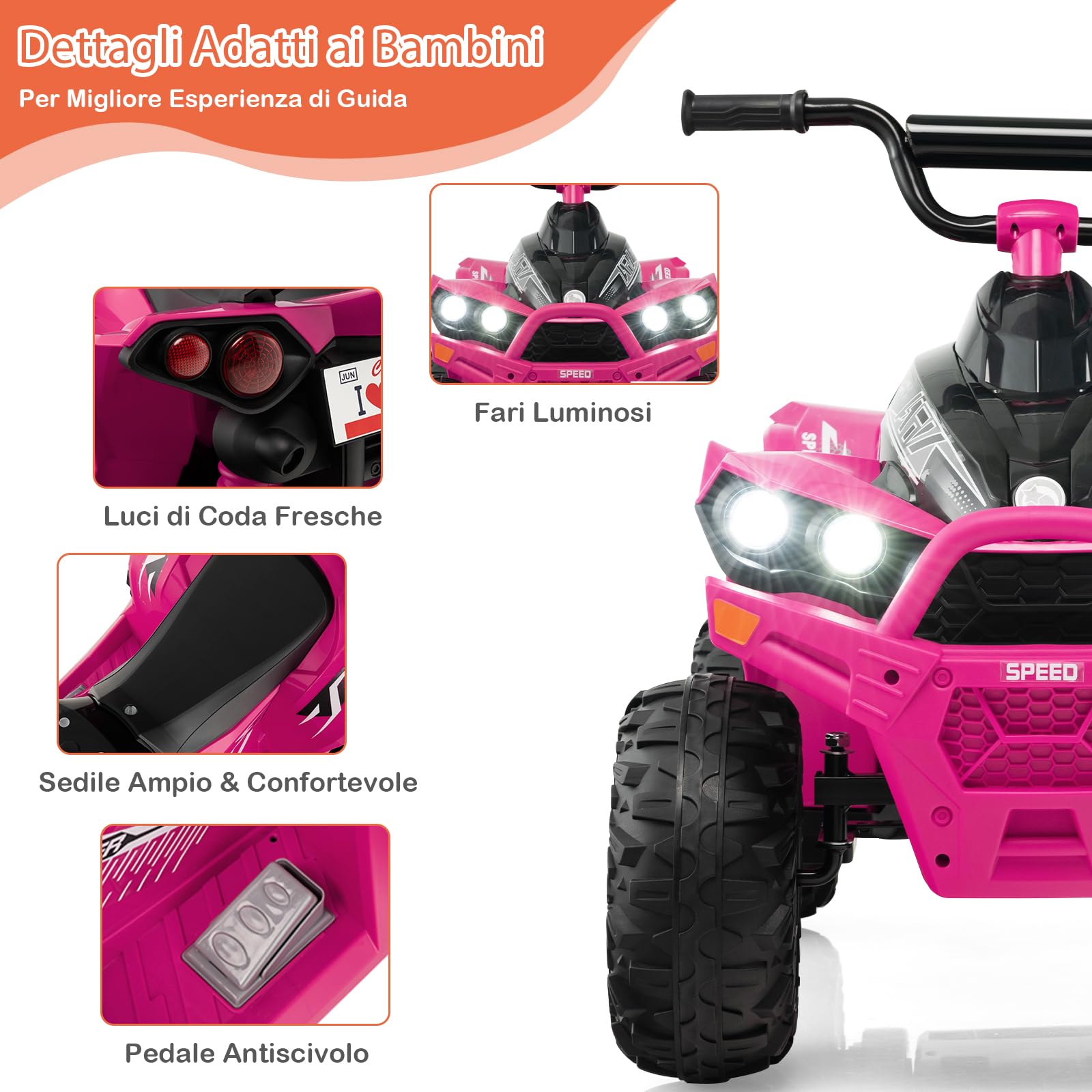 GYMAX Quad Elettrico per Bambini 12V, ATV Batteria con Velocità Alta/Bassa, Avanti/Indietro, Clacson, Musica, Fari a LED, Quadriciclo Motorizzato Giocattolo per Ragazzi dai 3 agli 8 Anni (Rosa)