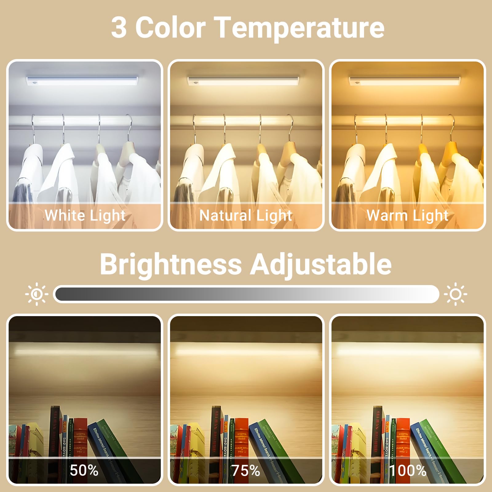 Under Cabinet Lighting, 8 inch Battery Operated LED Motion Sensor Light with 3 Color Temps, 1000mAh Rechargeable Wireless Magnetic Dimmable Closet Lights for Kitchen, Cabinets, Stairs, Wardrobe