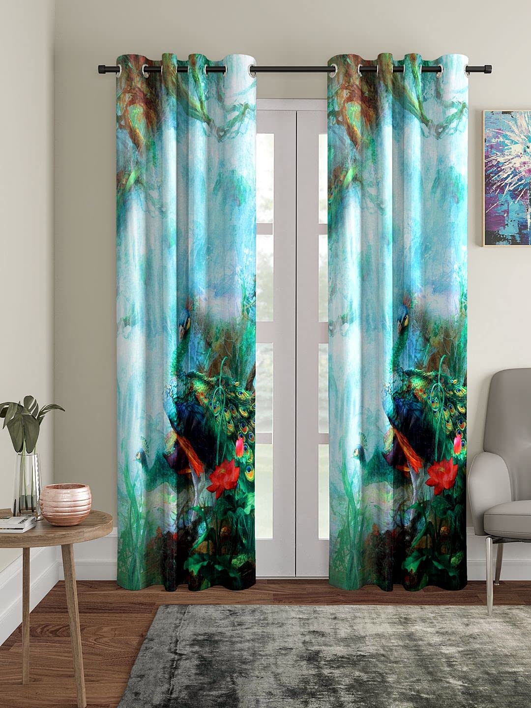 Home Sizzler 2 Pieces Polyester Door Curtains, 116 X 240 CM, Peacock Abstract, Digital Print