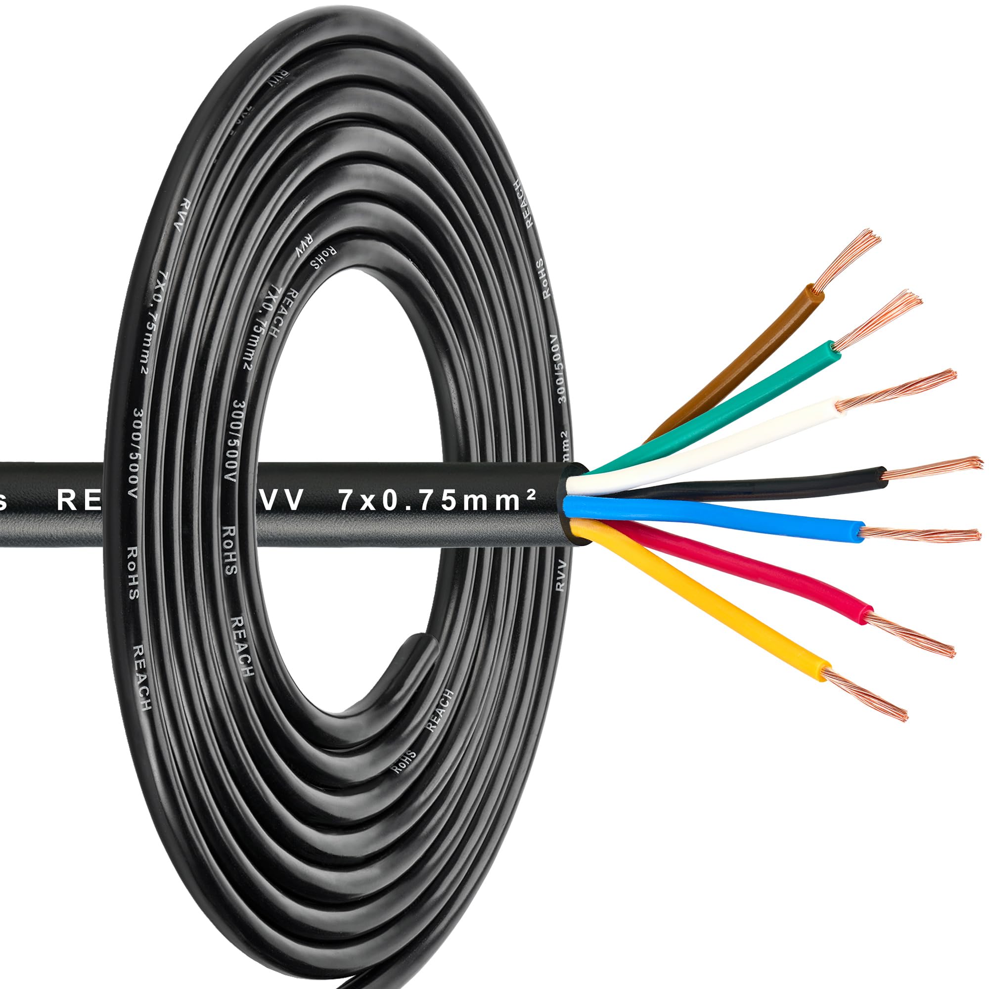 7 Core Trailer Cable 0.75mm², Automotive Electrical Cable 5M, 12V 24V Towing Trailer Light Wire Round 16.5ft, 7 Core Copper Wire for Truck Car, RoHs Reach Approved