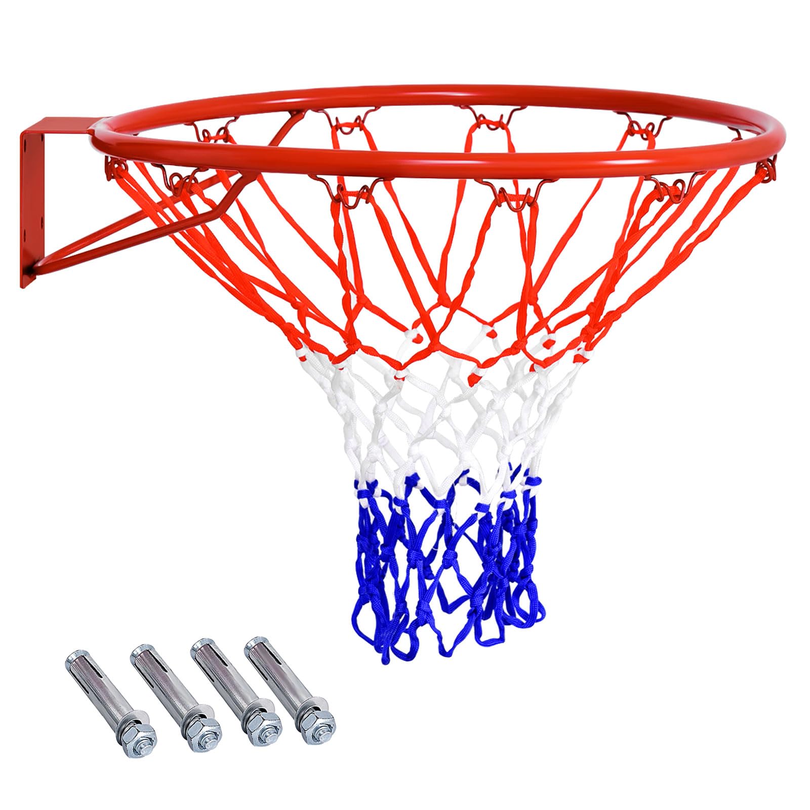 GYMAX Wall Mounted Basketball Hoop, Indoor Outdoor Basketball Rim Replacement with Net, Double Spring and Fixtures, Heavy-Duty Professorial Basketball Ring Goal for Kids Adults (Red, PE Net)