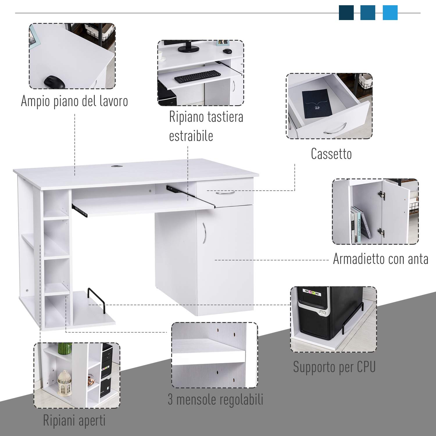 HOMCOM Scrivania per PC Ergonomica con Mensole, Armadietto, Cassetto e Piano Tastiera Estraibile, Bianca, 120x60x74cm