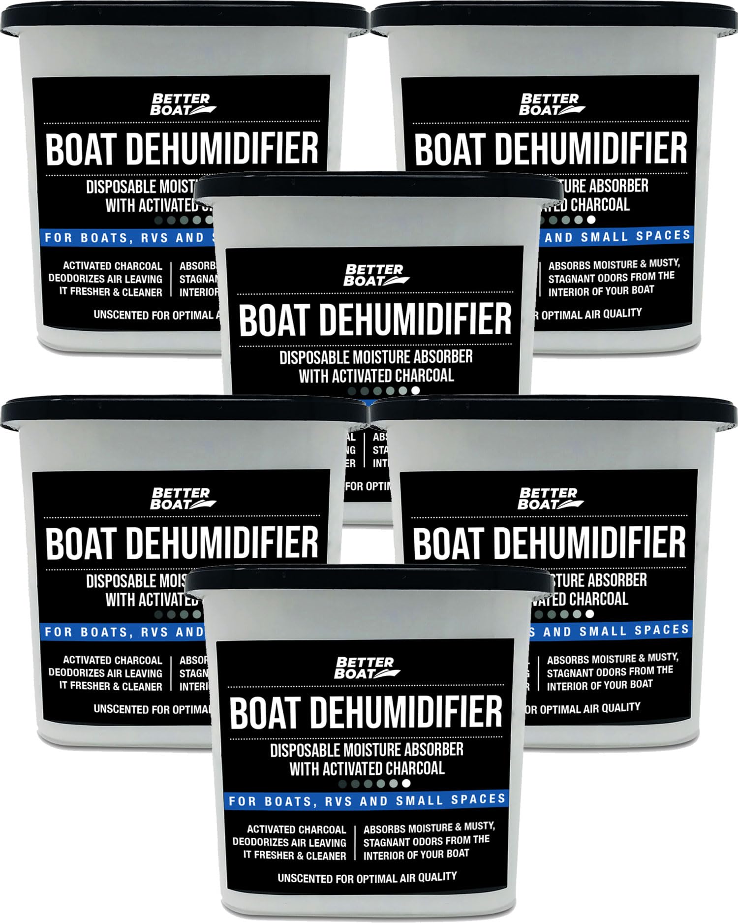 Moisture Absorber 6 Pack with Activated Charcoal Dehumidifier Bucket, Unscented Odor Absorber for Closet Basement Bathroom Boat RV, Disposable - Better Boat