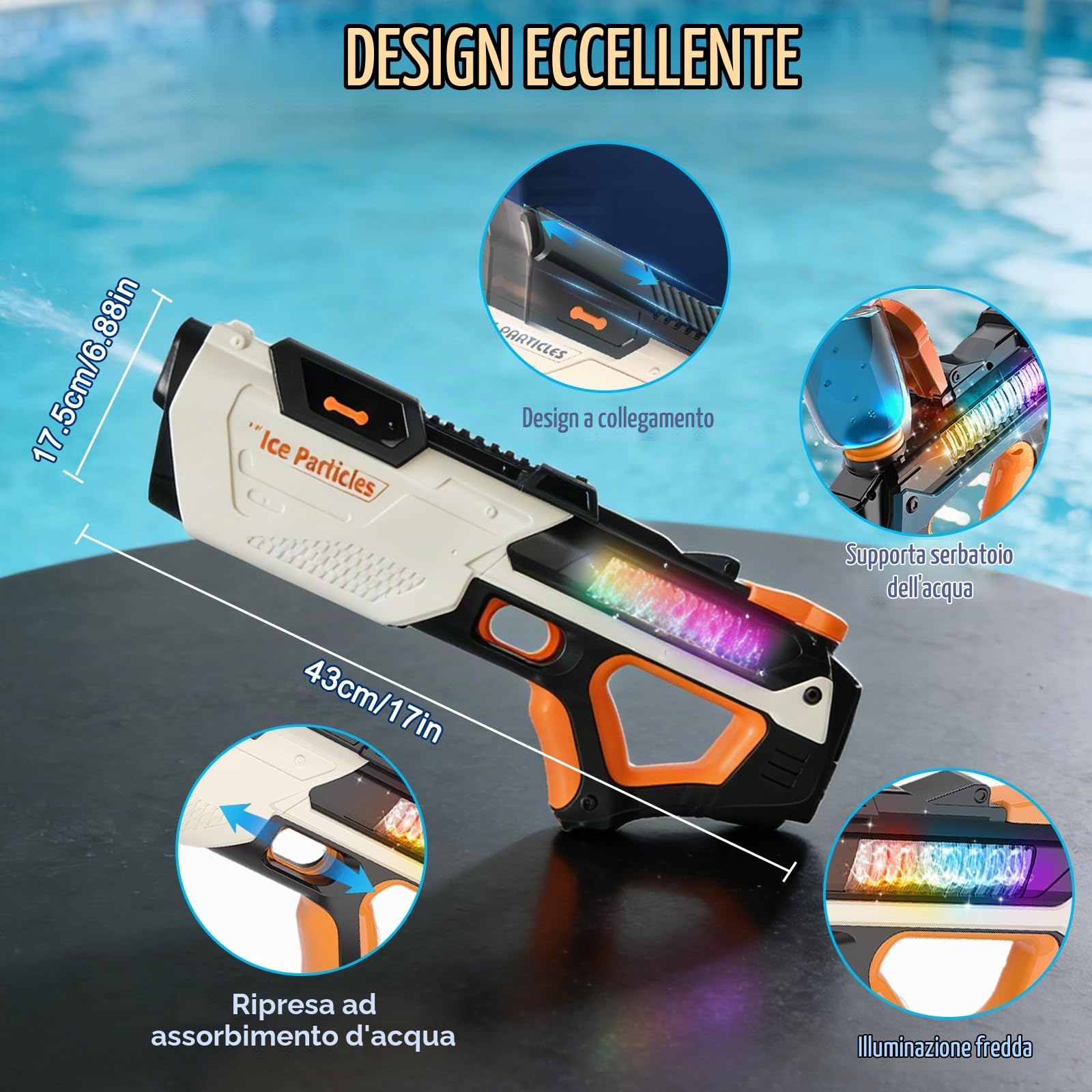Pistola ad Acqua Elettrica Fucile Ad Acqua Automatico Pistole ad Acqua Autoadescanti con luci Effetti Sonori Electric Water Gun Giocattolo Blaster ad Acqua per Feste Estive Giardino Piscina Spiaggia
