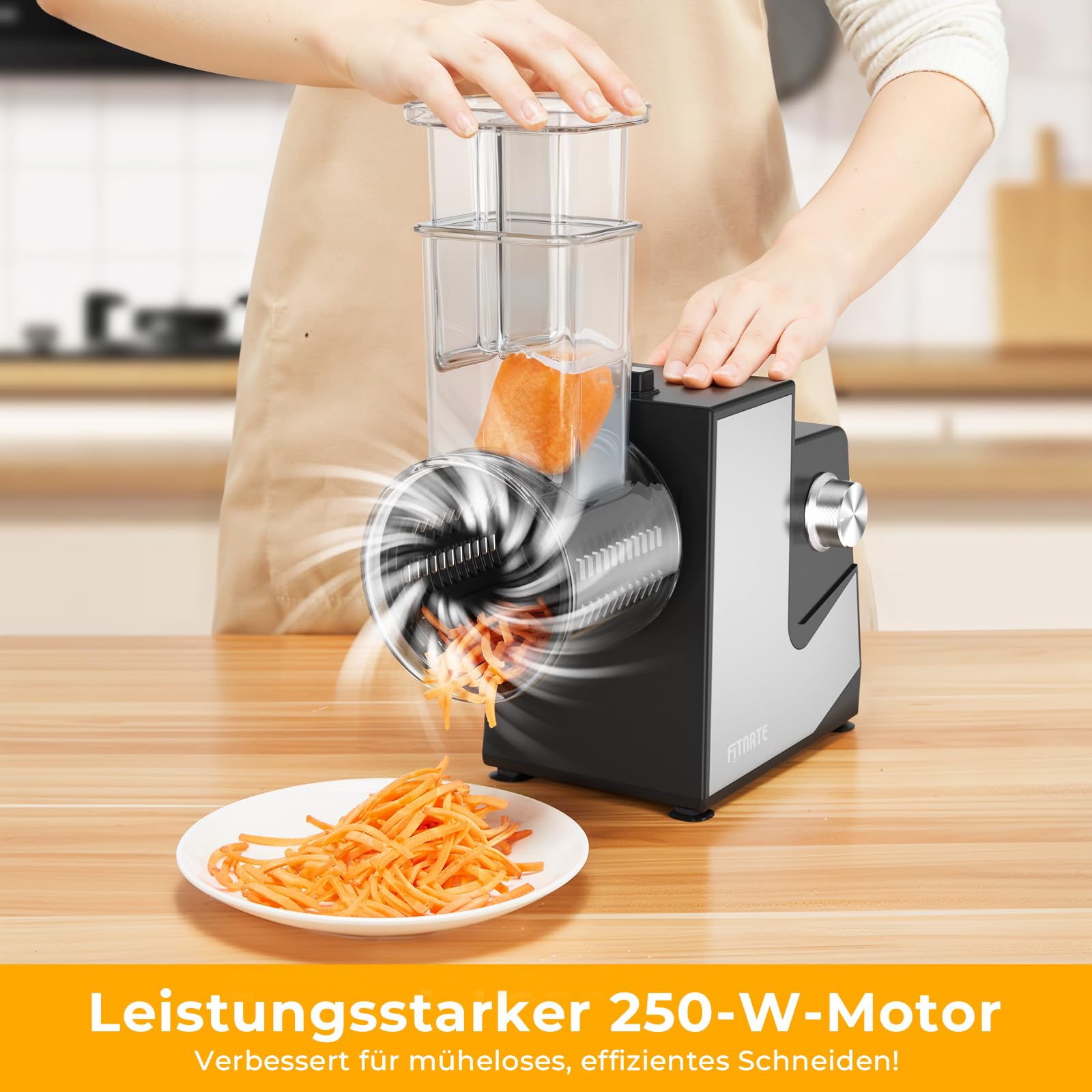 FITNATE Gemüseschneider Elektrisch, Elektrische Käsereibe, Käsereibe, Reibe für Gemüse mit 5 Einsätzen, Küchenmaschine, Silber, Reibe für Obst und Gemüse, Käse, 250 W mit Eu stecker | große Einfüllöffnung, rutschfeste Saugfüße