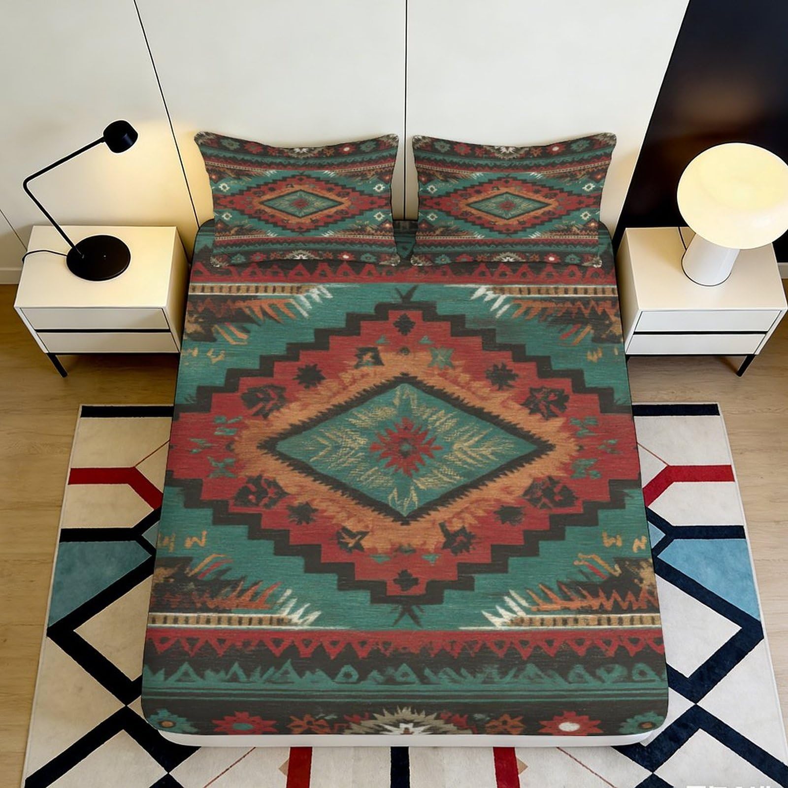 3D Printed Boho Tribal Fitted Sheet Microfiber Soft Breathable Geometric Aztec Mattress Cover Bedroom Decor 90x200x25cm