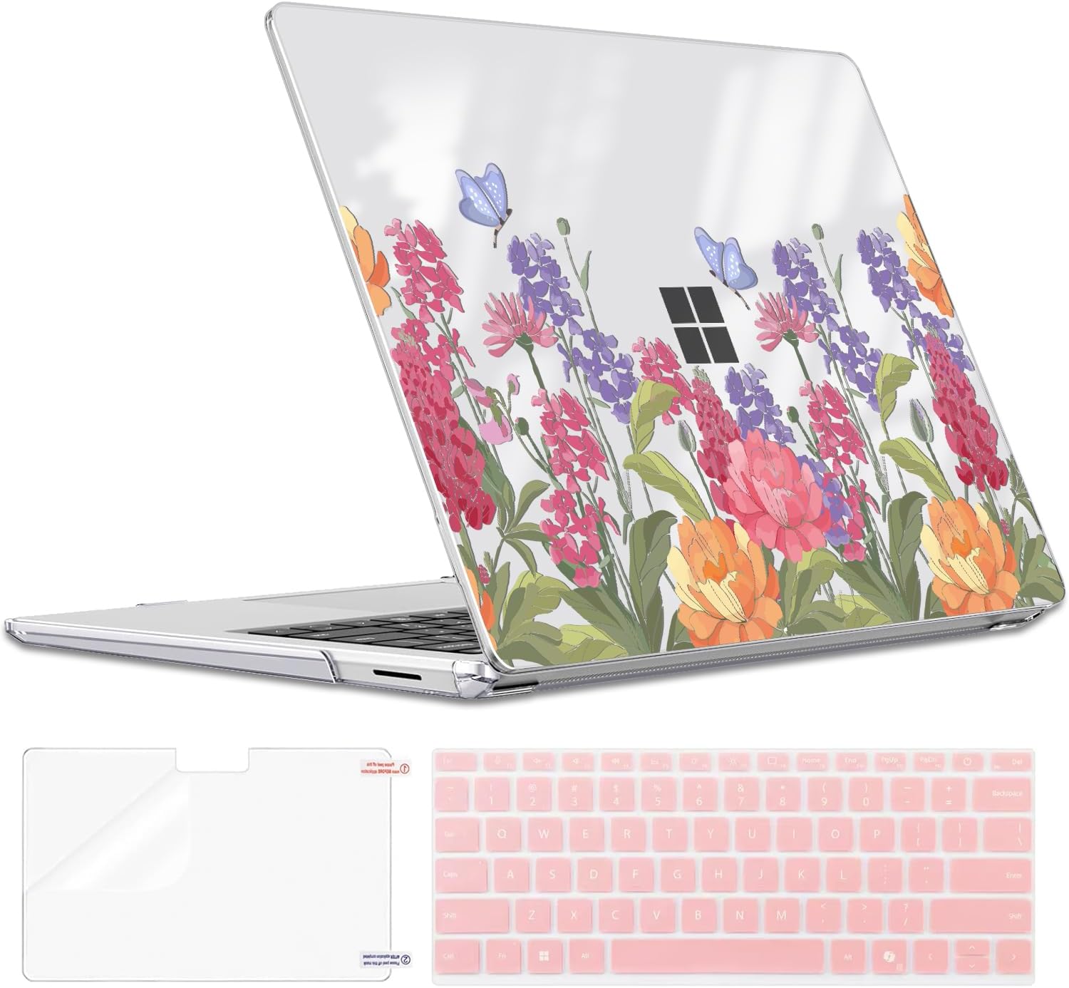 Case for 13.8 Inch Microsoft Surface Laptop 7th Edition Copilot+ PC 2024 Model 2036, Lightweight Scratch-Resistant Pattern Plastic Hard Shell Case Keyboard Cover, Pink & Purple Flowers