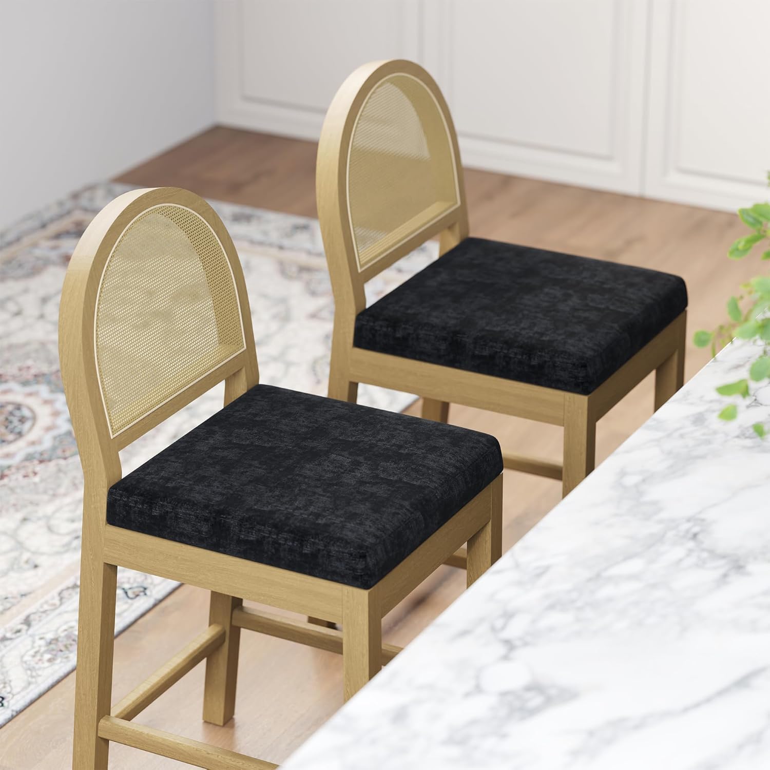 STHOUYN Upholstered Rattan Bar Stools Set of 4, Wooden Counter Height Stools with Natural Rattan Back and Chenille Seat, Mid-Century Modern Island Chairs Barstools for Kitchen