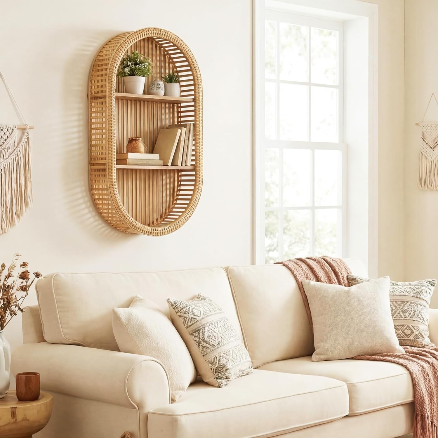 Vercraft 3 Tier Natural Rattan Wall Shelf 28" x 16" Arched Oval Boho Floating Farmhouse Shelves with Handwoven Design for Bathroom Living Room Bedroom Nursery Storage Decor