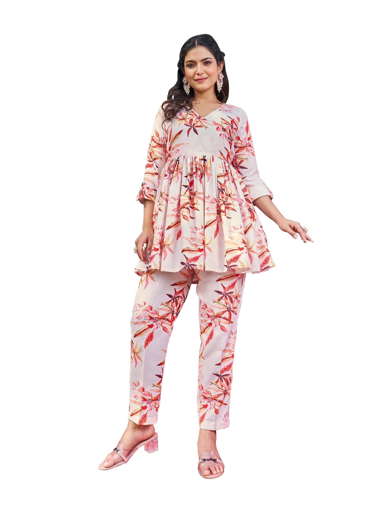 Women's Printed Silk Blend Cream Top Trousers Co-Ords(VC_5043CO)-image-9
