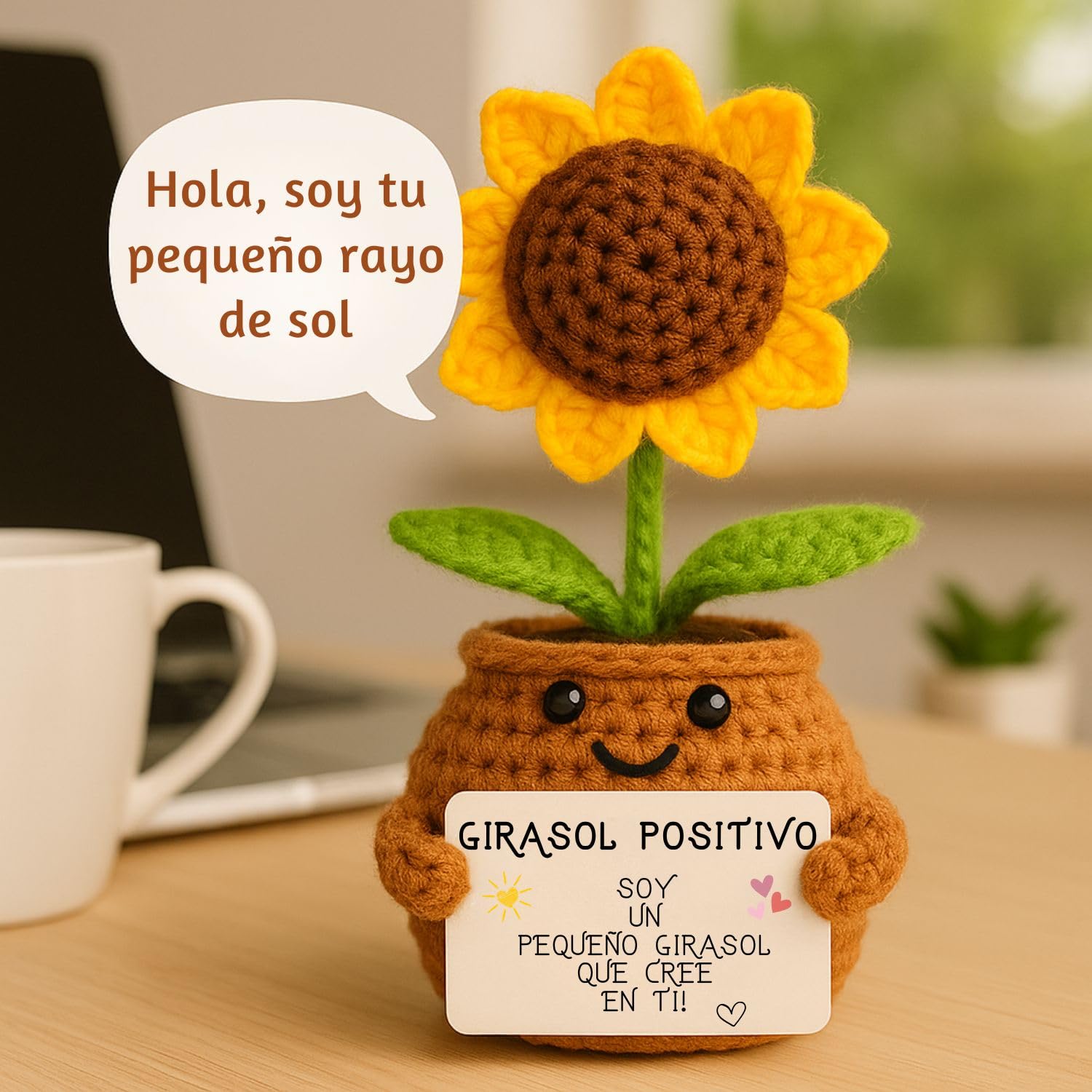 Girasol Positivo | Regalo Original y Emotivo | Día de la Madre | Cumpleaños Mamá Amiga Compañera Profesora Maestra Hija Mujer | Flor Artificial en Maceta | Detalle Sentimental Unico | Decoración Hogar