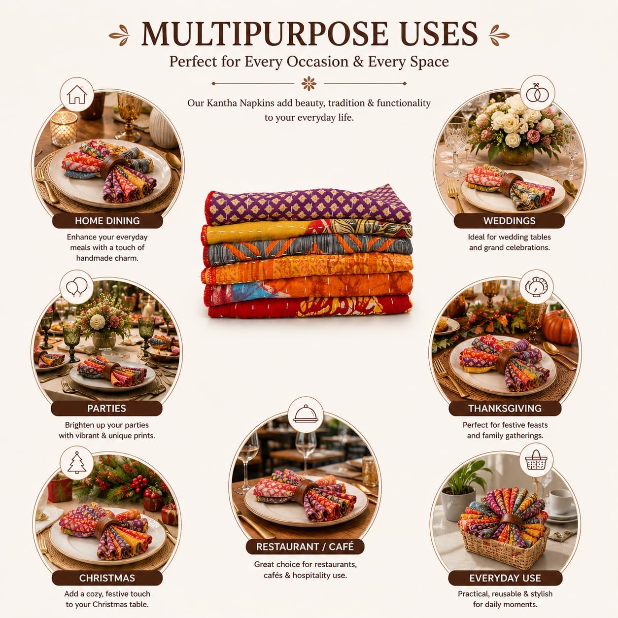 100% Cotton Cloth Napkins Multicolor 10 Pcs Vintage Kantha Napkin Kitchen Towels Table Decor Napkins, Washable, Reusable, Soft & Absorbent for Dining 16 x 16 Inches