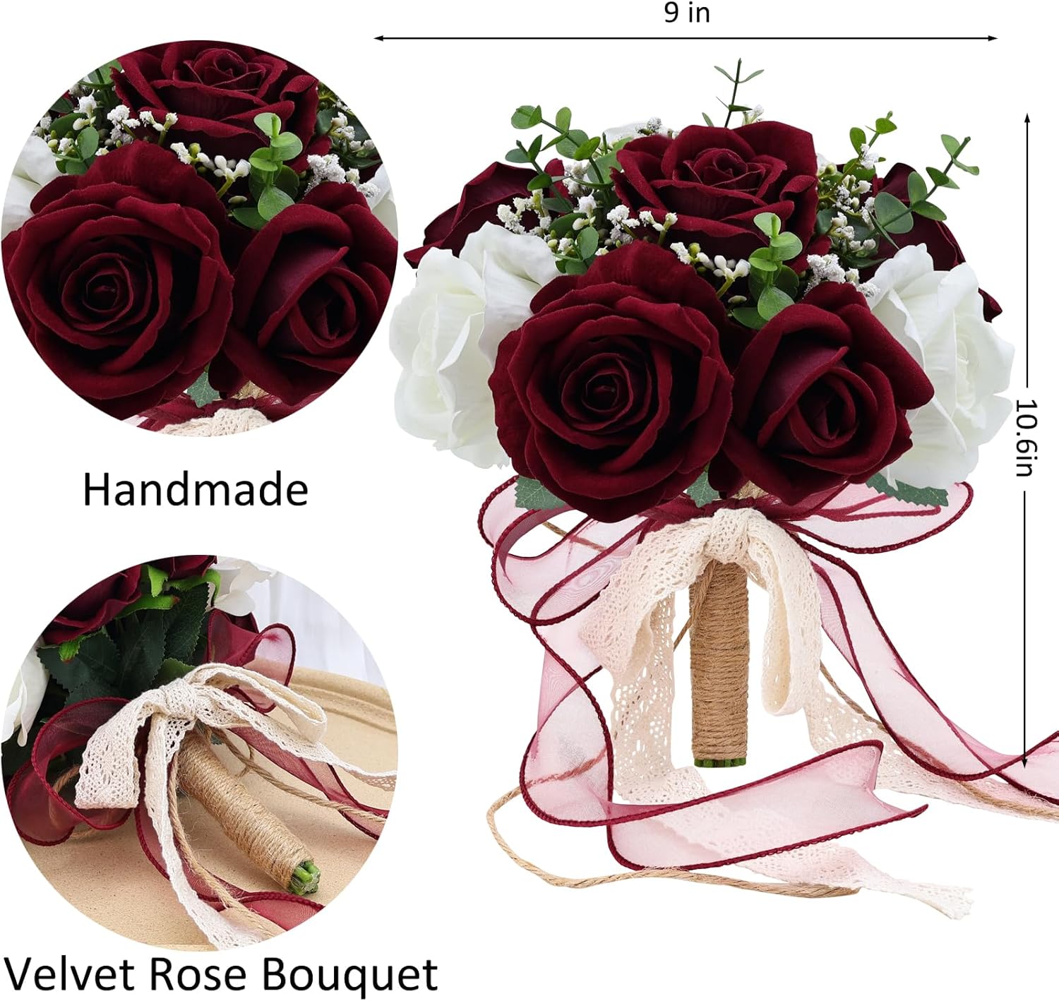 9in Wedding Bouquets for Bride Bridesmaid, Burgundy & White Artificial Roses Flowers Bouquet for Rustic Church Boho Wedding or Centerpieces Decoration - Image 2