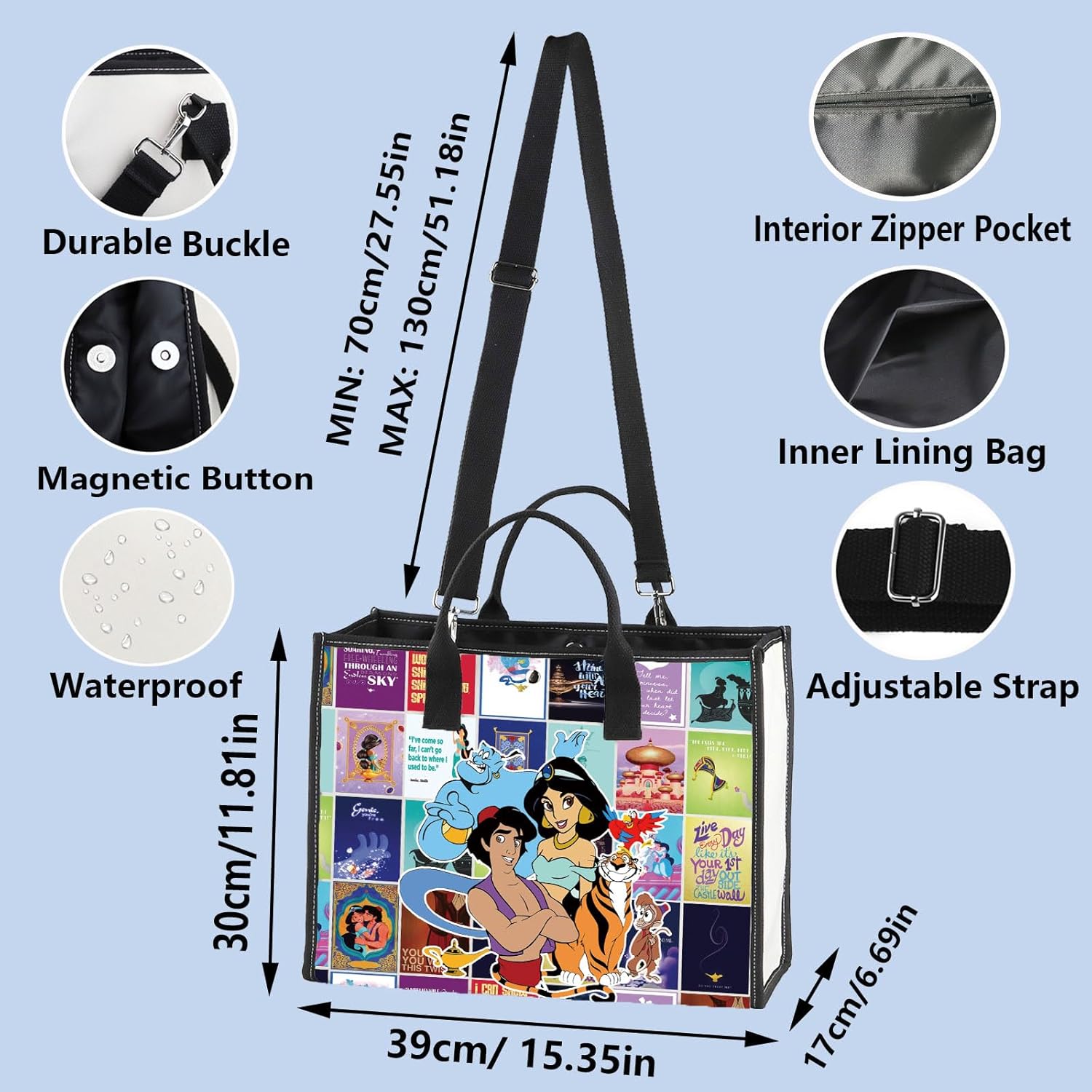 WZMPA Princess Tote Bag Abu & Genie & Jafar Fans Gift Cartoon Movie Reusable Grocery Bag Fairy Tale Merchandise