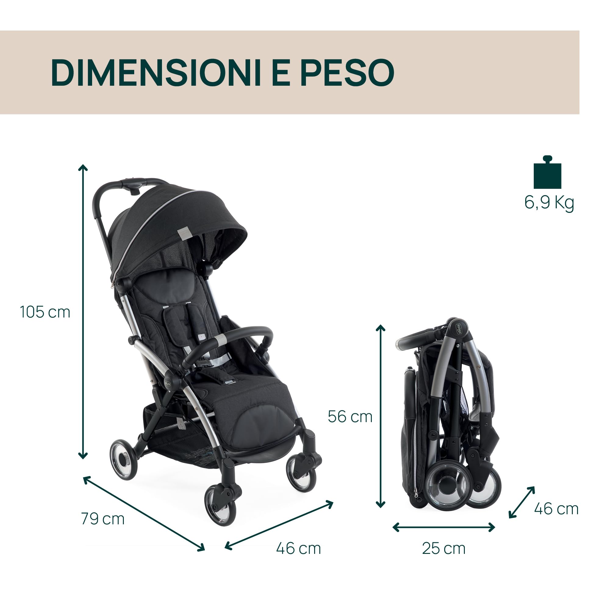 Chicco Goody Plus, Passeggino 0 Mesi-4 Anni, con Chiusura Automatica e Compatta, Capotte Estensibile con Trattamenti UV50+ Antipioggia, Schienale Reclinabile e Regolabile in 3 Posizioni, Poggiagambe