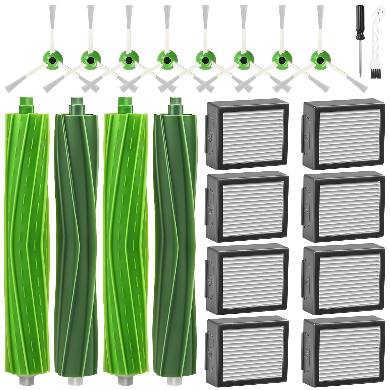 22 Stück Zubehör für iRobot Roomba i7 i7+ i3 i3+ i4 i4+ i6 i6+ i8 i8+ j7 j7+ E5 E6 E7 Saugroboter | Kompatibles Ersatzteile Set mit 4X Hauptbürsten, 8 Filtern, 8 Seitenbürsten