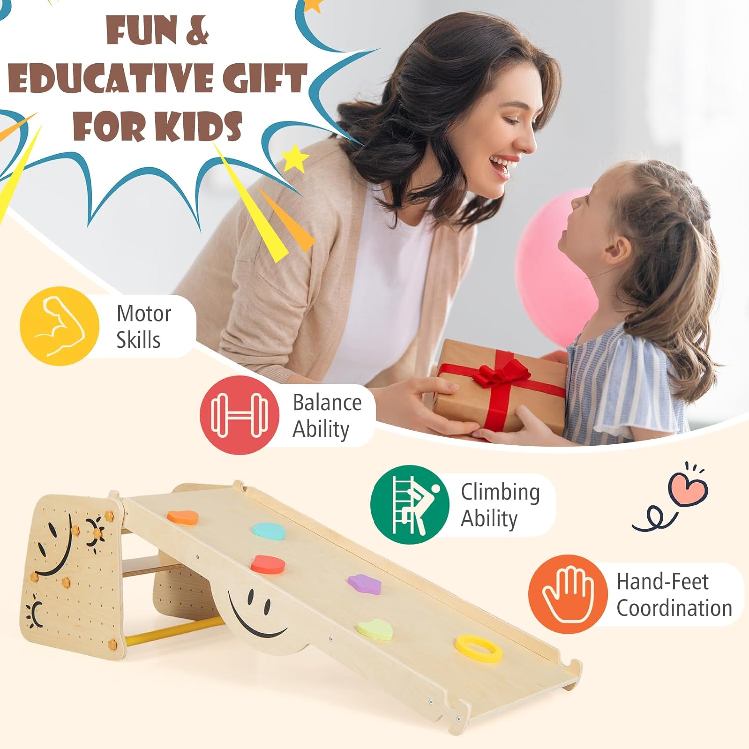 HONEY JOY Climbing Toys for Toddlers, 6 in 1 Wooden Triangle Set, Double Side Ramp & Climber, Seesaw, Step Stool, 2-Piece Learning Indoor Montessori Climbing Ladder Gym for Kids Boys Girls