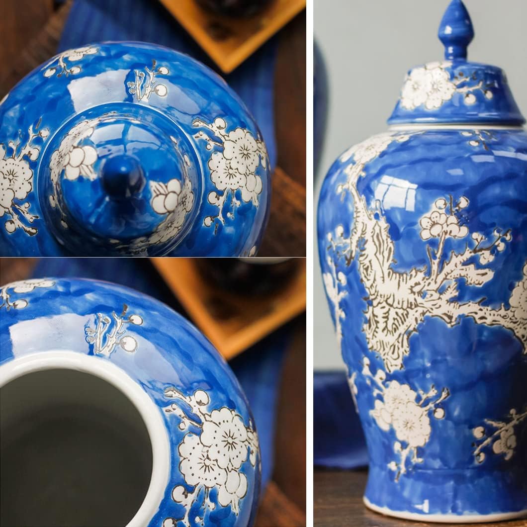 Ceramiczny słoik, Niebieskie wazony ceramiczne Słoik na imbir z pokrywką do wystroju wnętrz Wzór kwiatu śliwki Słój świątynny Wazon(16 * 46cm)
