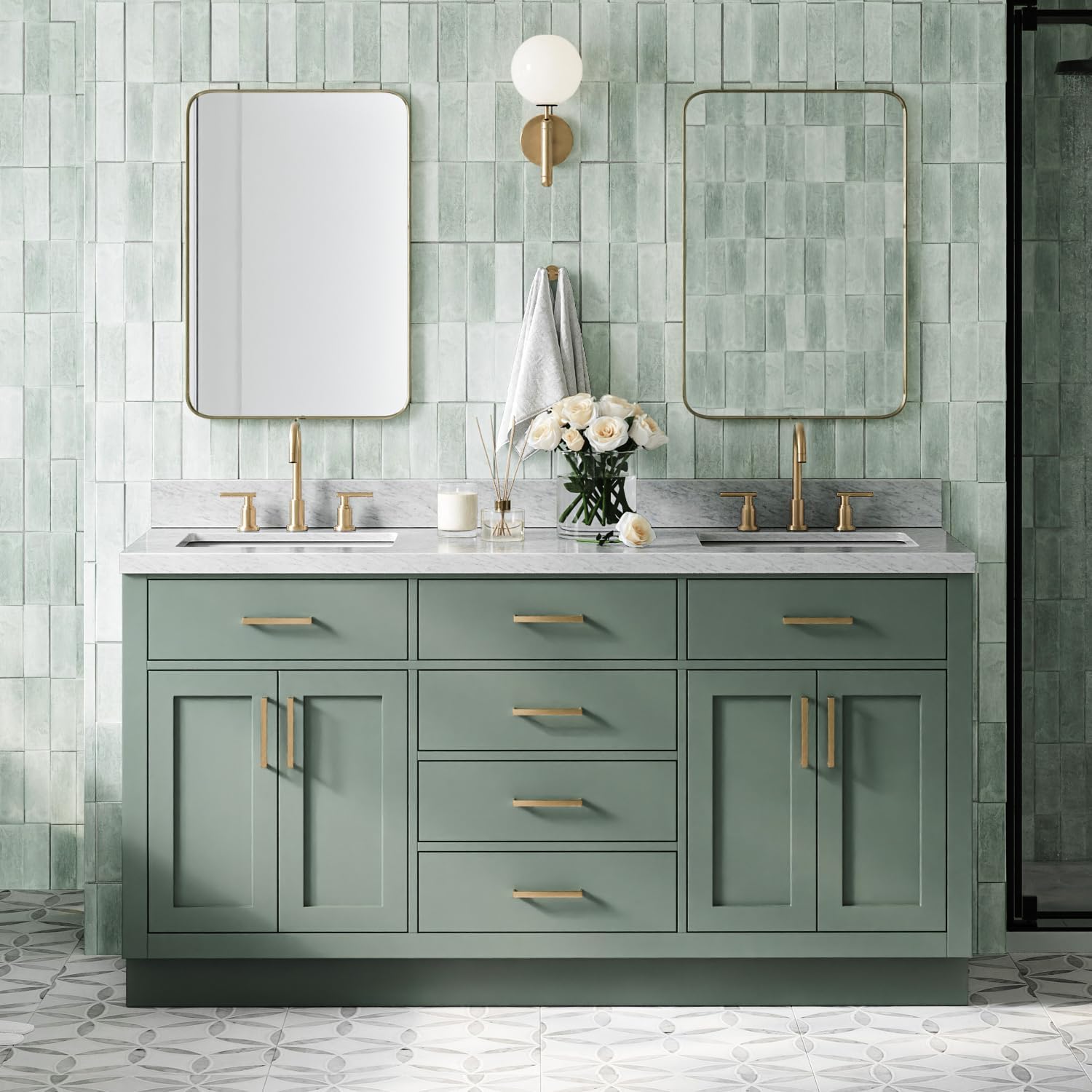 ARIEL Hepburn 67 Inch Double Rectangle Sink Bathroom Vanity with Carrara White Marble Countertop 1.5 Inch in Vintage Green