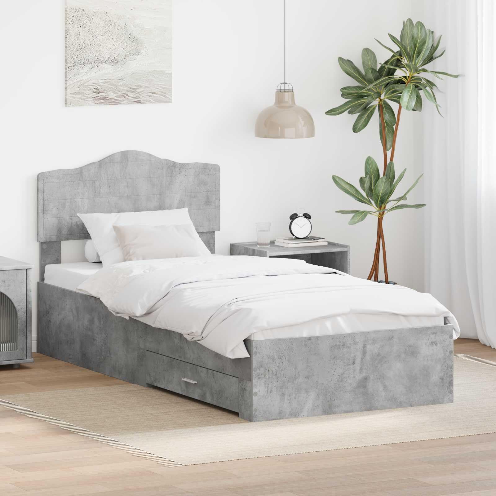 Łóżko pojedyncze 70 x 190 cm z szufladą i zagłówkiem, rama łóżka z materiału drewnopochodnego, betonowo-szare, łóżko młodzieżowe, łóżko do sypialni