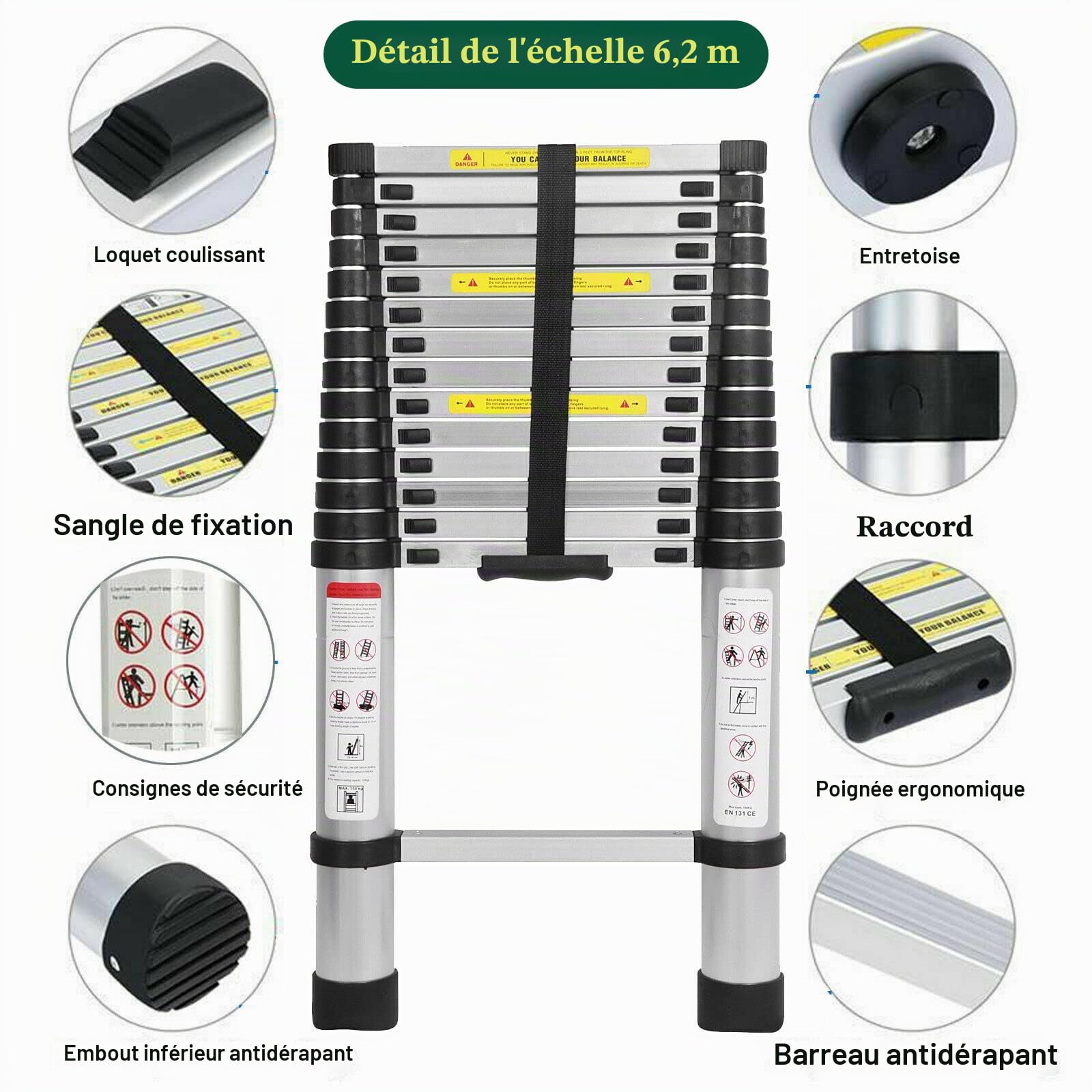 Échelle Télescopique 6m avec Crochets Echelle de Toit, Échelle Extensible en Aluminium, Escabeau Telescopique Échelle Multifonctionnelle Antidérapant pour Maison, Grenier, Jardin, Charge 150kg