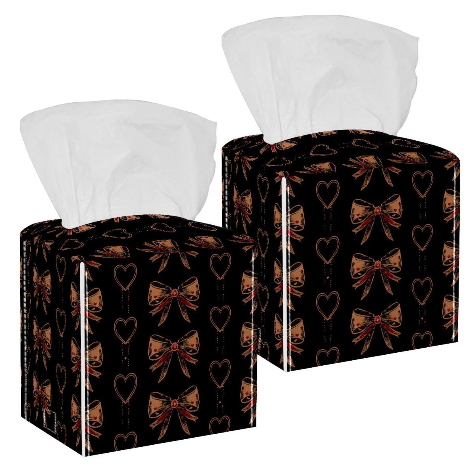 Bows and Hearts Tissue Box Cover, 2 Pack PU Leather Square Facial Tissue Dispenser Box holder for Home Office Car