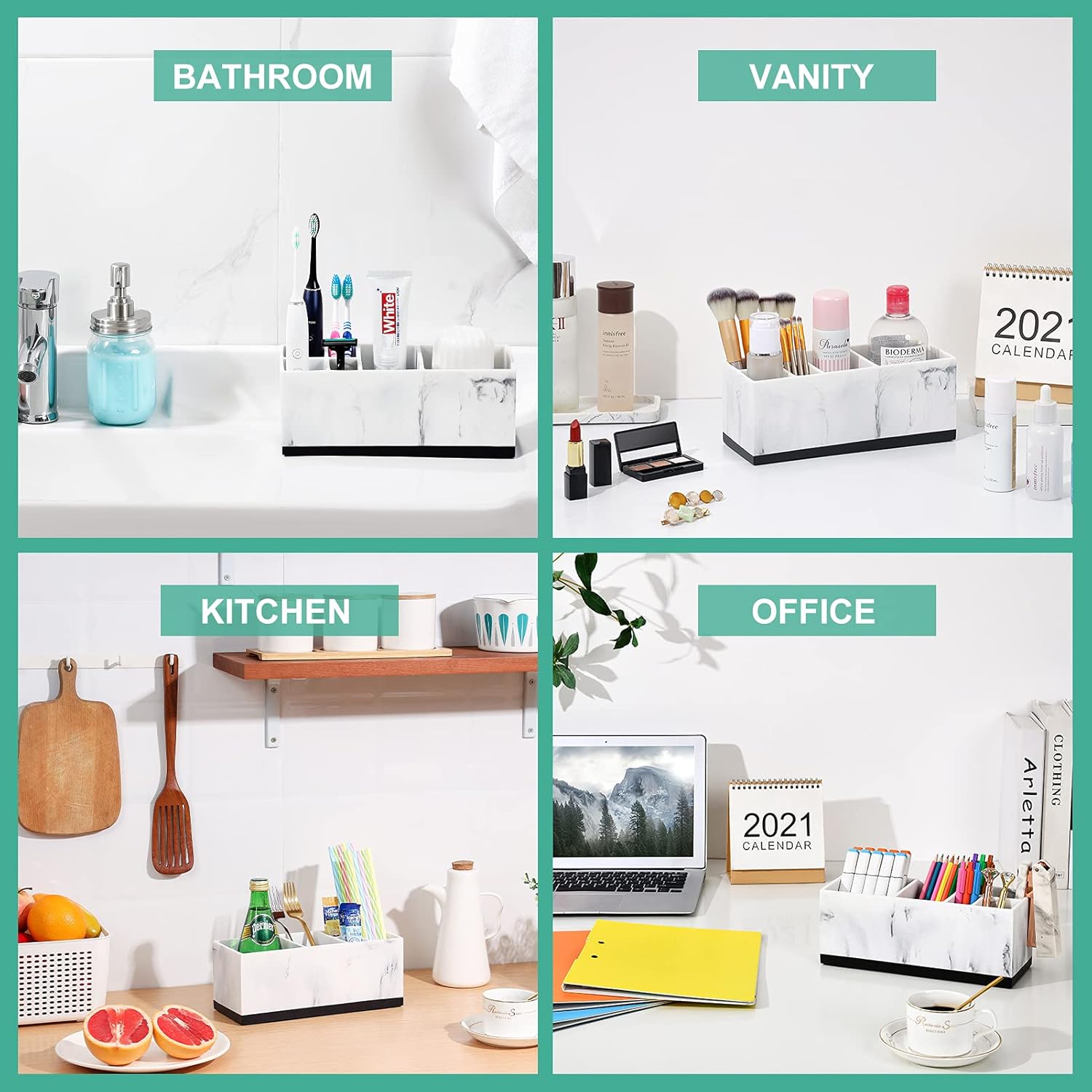 VITVITI Toothbrush Holder for Bathroom, Bathroom Organizer Countertop, Rectangle 6 Compartment Bathroom Accessories Storage for Toothpaste/Vanity Counter/Sink, White Resin of Marble Color