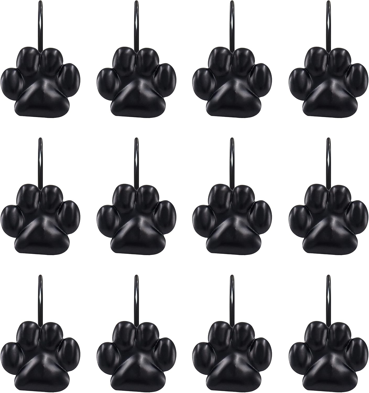 Sunlit Fashion Design Cute Paw Print Polished Shower Curtain Hooks for Dog Cat and Bear, Rust Proof Oil Metal Shower Curtain Rings, Black-12 Pack