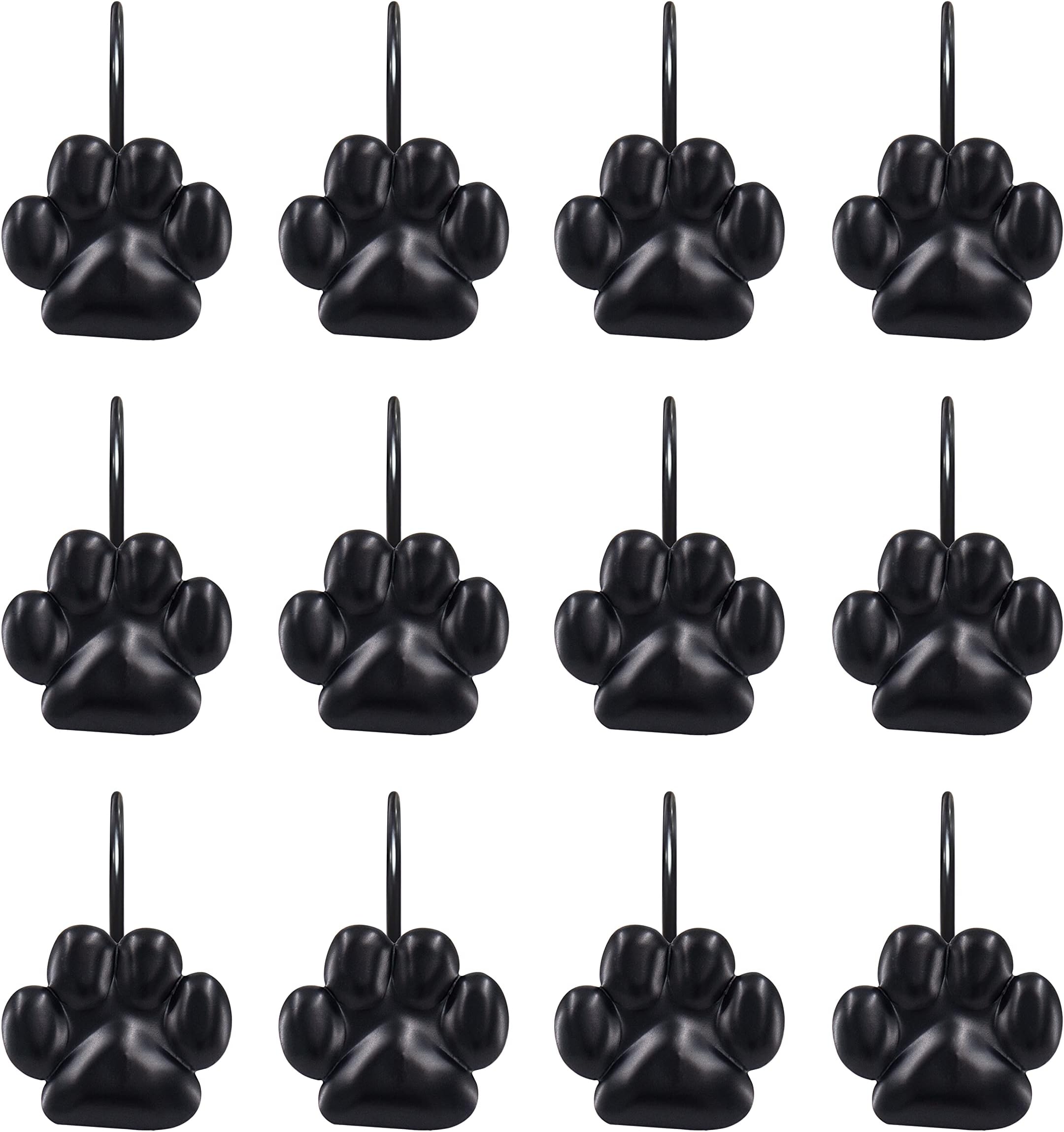 Sunlit Fashion Design Cute Paw Print Polished Shower Curtain Hooks for Dog Cat and Bear, Rust Proof Oil Metal Shower Curtain Rings, Black-12 Pack