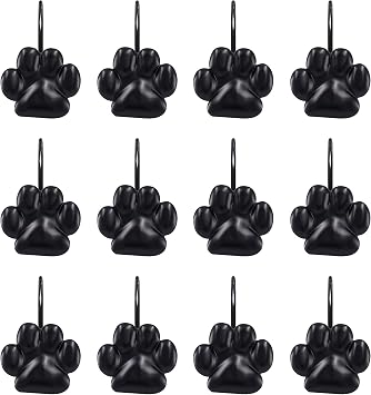 Sunlit Fashion Design Cute Paw Print Polished Shower Curtain Hooks for Dog Cat and Bear, Rust Proof Oil Metal Shower Curtain Rings, Black-12 Pack
