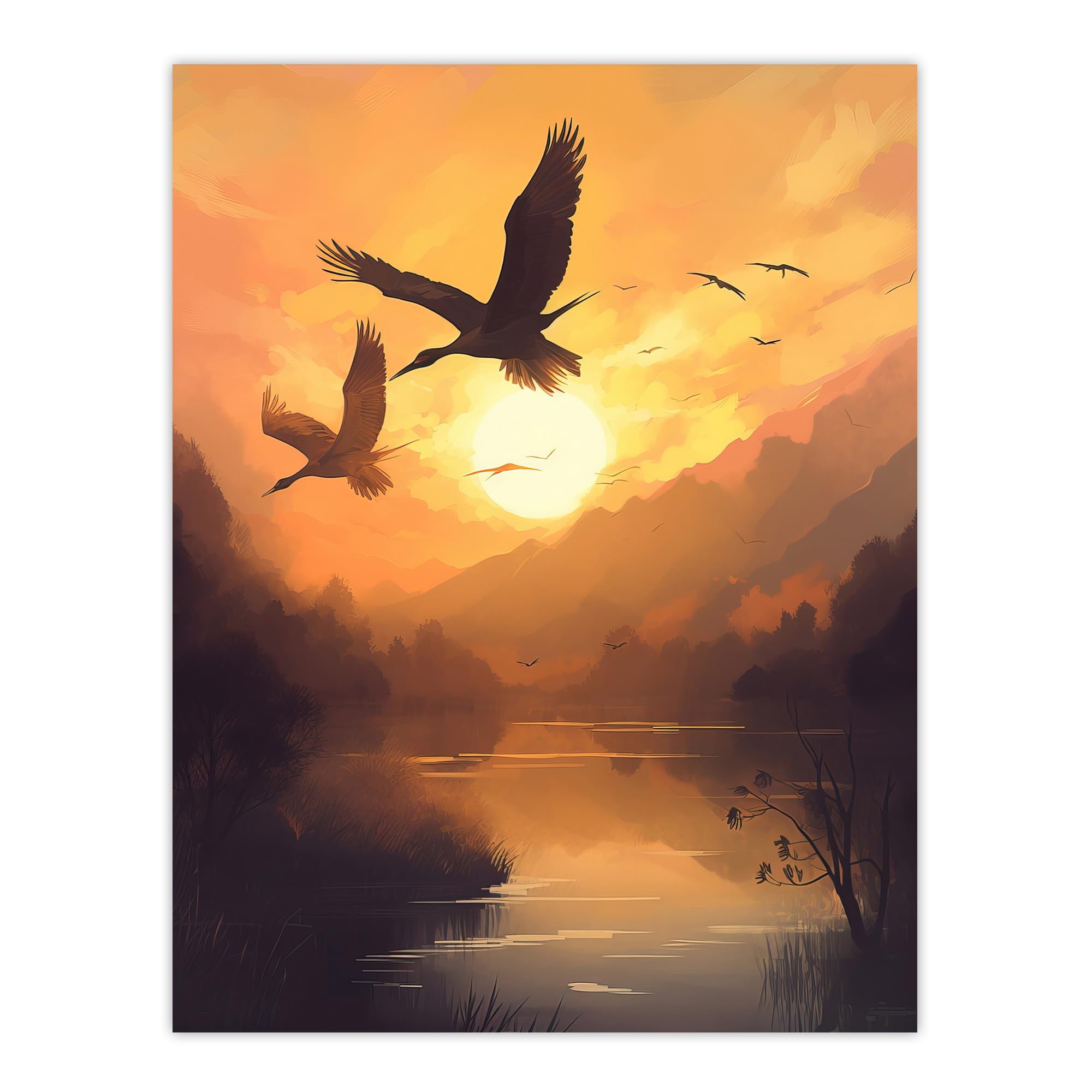 Artery8 Cranes Soaring Against a Golden Sunset Sky Atmospheric Painting Warm Colours Birds Flying Over Tranquil Mountain Lake Landscape Large Wall Art Poster Print Thick Paper 18X24 Inch