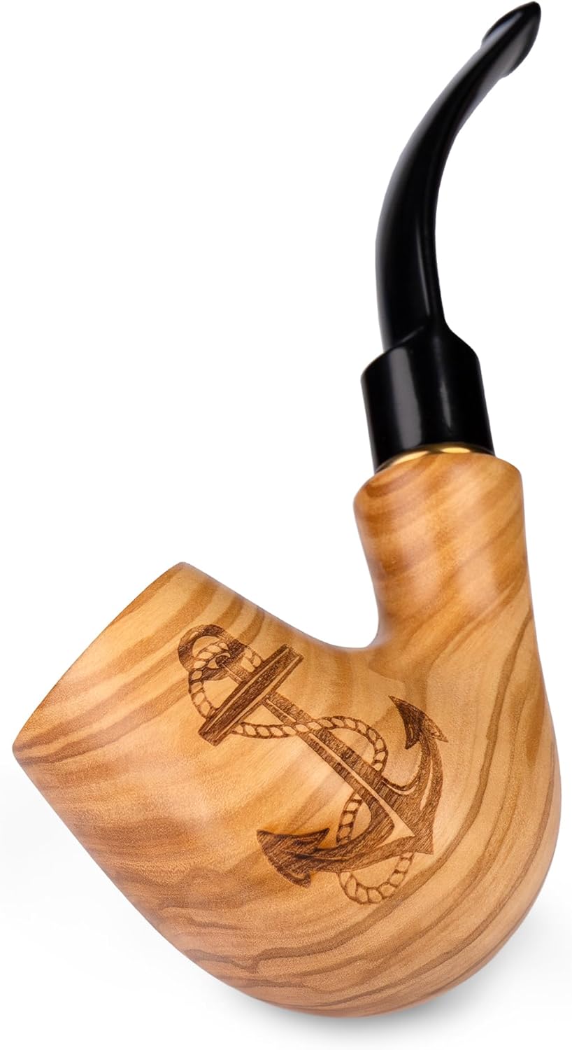 5.1 Olive wood Tobacco Smoking Pipe with engraving Marine Anchor | pipes for 9mm filter - 13cm. Velvet pouch gift