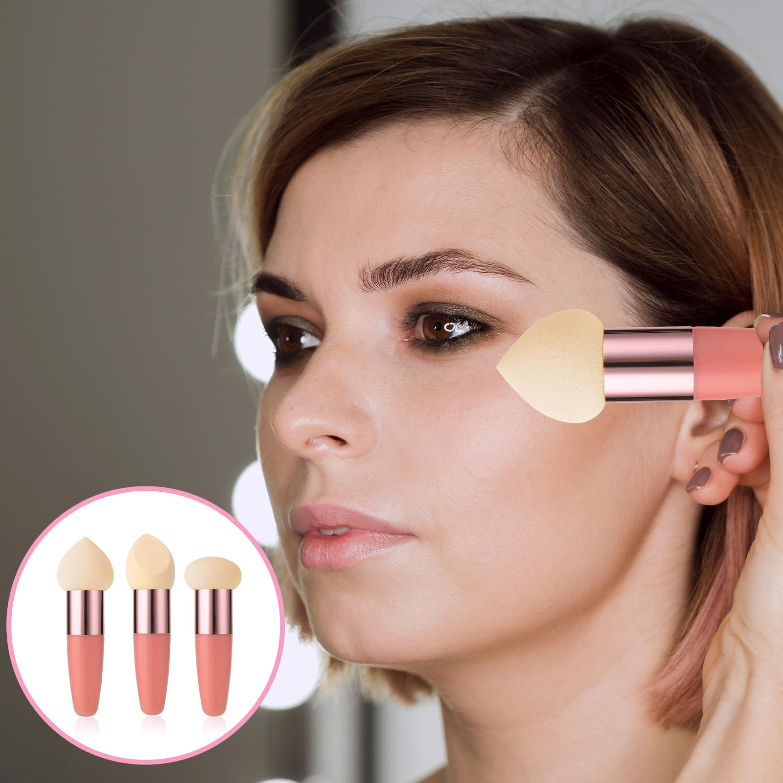 Sibba Make Up Schwammhalter Puderquaste 6 Stück Beauty Mixer Mischapplikator Pilze Foundation Pinsel Gesichts Creme Griff Pinsel Kosmetikkopf Kleiner Rouge Make Up Set Concealer (Rosa, Beige)
